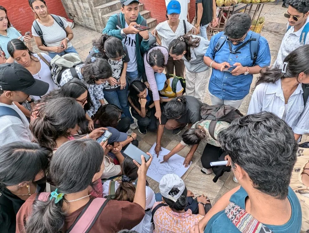  Students plan ways to document Swayambhu Nath Stupa.  