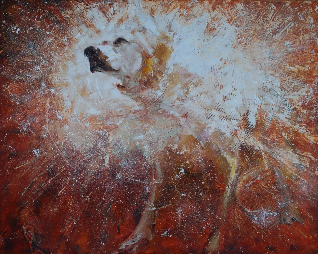 Confetti, oil on textured gesso with glazes, SOLD, prints available