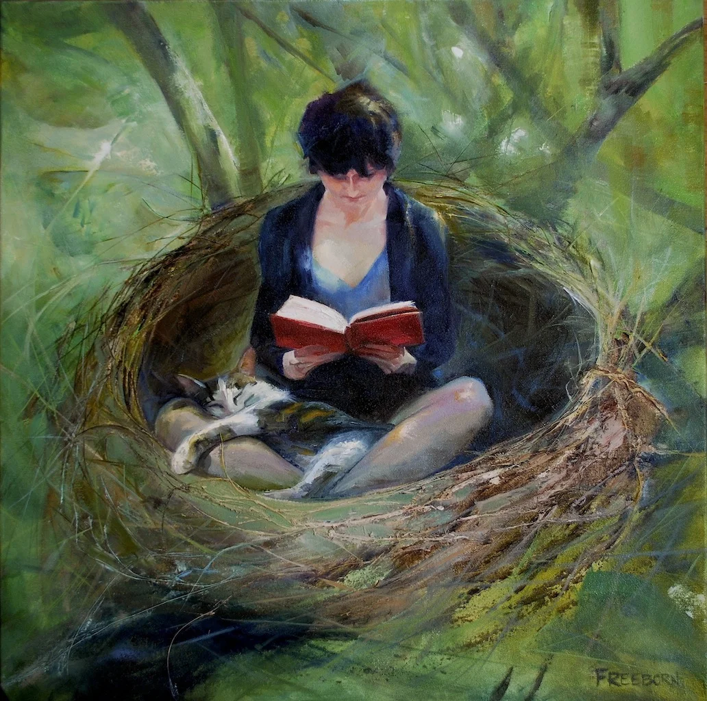 Reading in Red, oil, thread and gauze  with glazing on canvas, SOLD