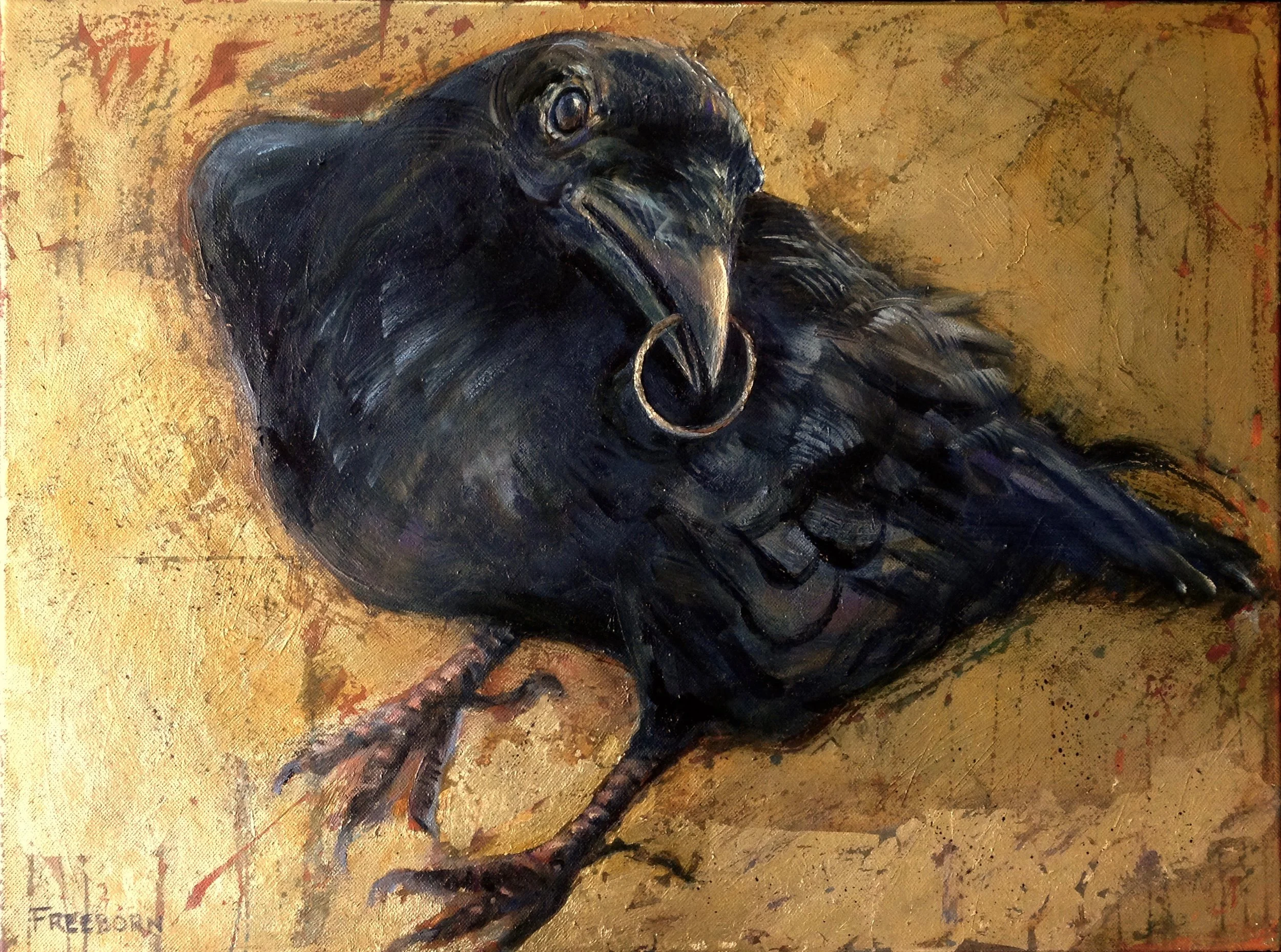 The Raven of Matyas Corvinus, 18 x 24 oil and metal leaf on canvas
