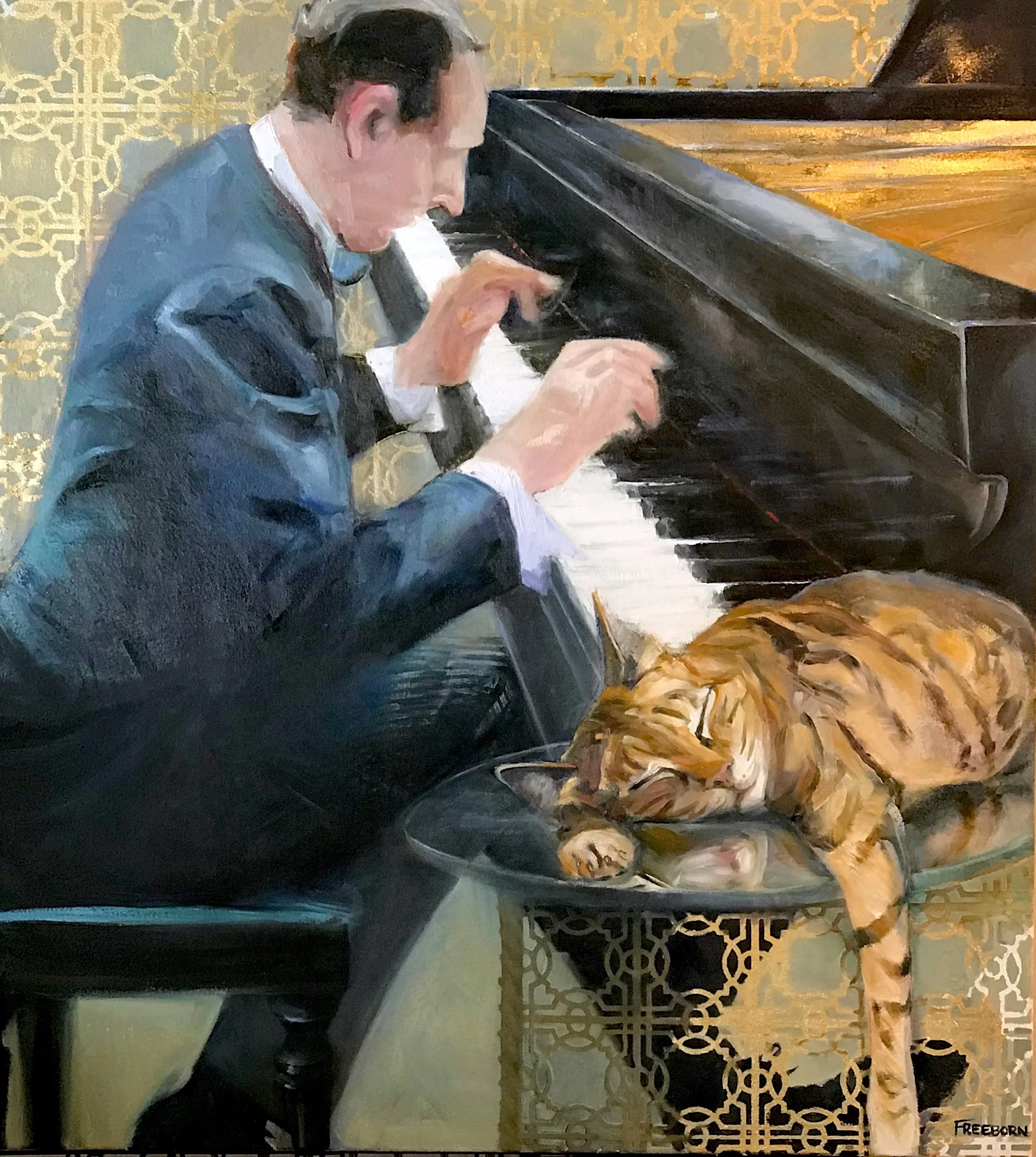 Catnip Sonata, 35" x 32" oil and metal leaf on canvas, SOLD