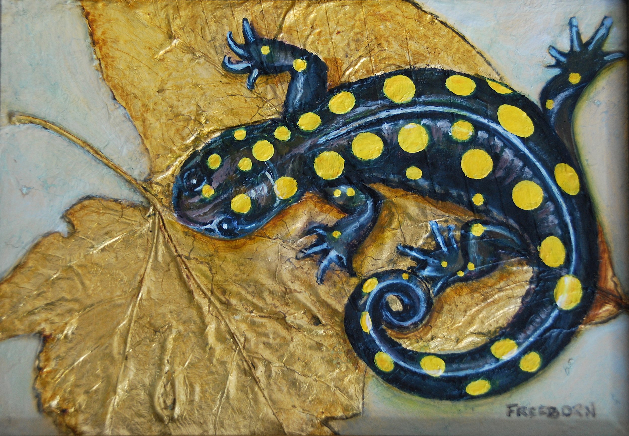   Siesta , 5” x 7” brass leaf, leaves and oil on wood panel, SOLD 