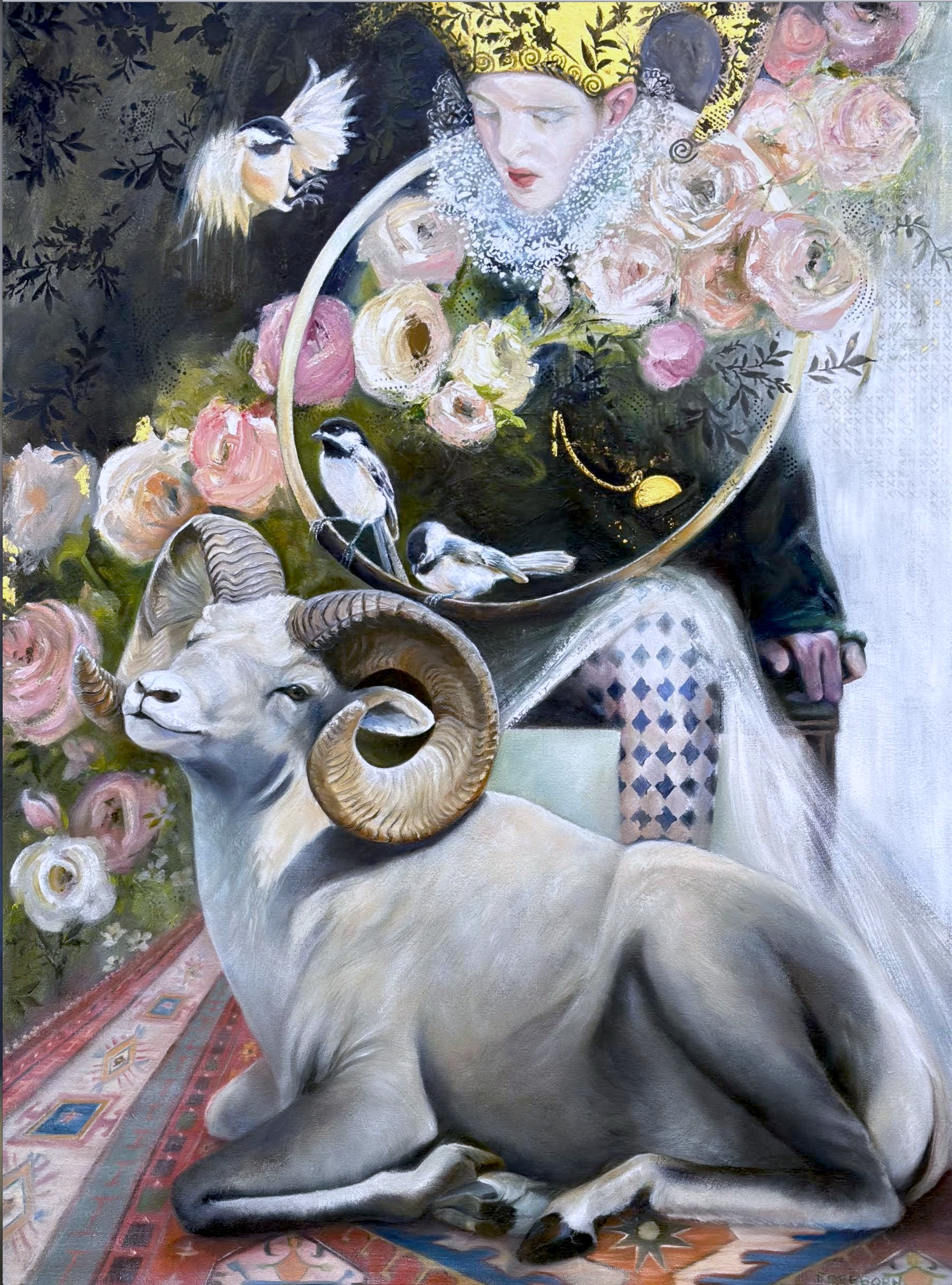  Surely You Jest, 48 × 35 oil, brass leaf, sculpting medium on canvas 