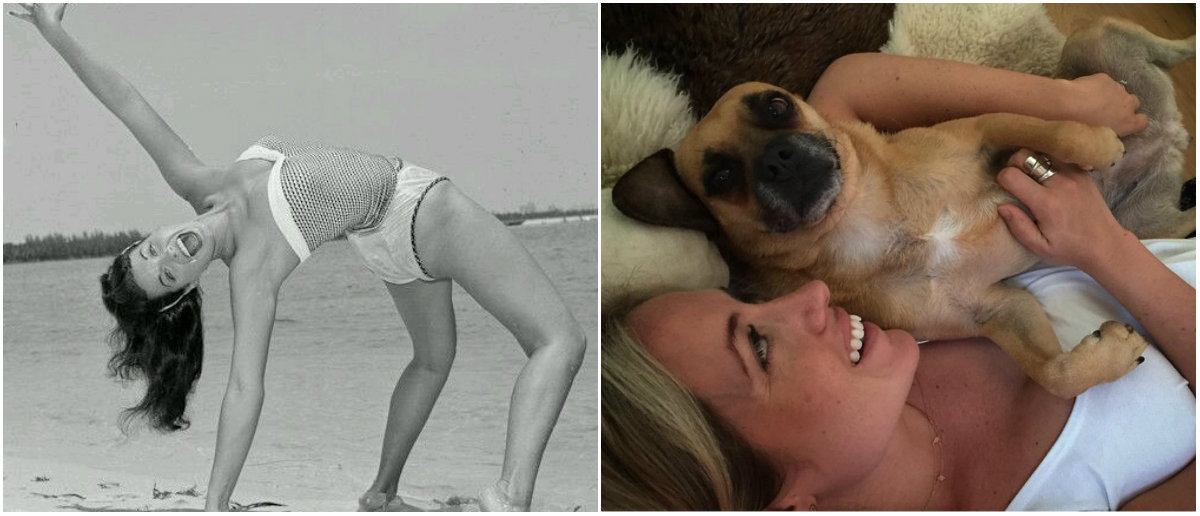 Bettie Page flips her dog on the beach; Kathryn Budig snuggles with her Puggle, Ashi! ~~Page photo by Bunny Yeager; Budig photo by Cheyenne Ellis