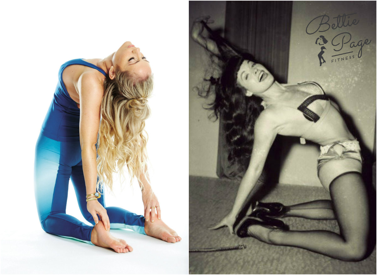  A modern yogi and a retro yogi open their hearts in Camel Pose (Ustrasana) ~~Budig photo by Cheyenne Ellis; Page photo by Irving Klaw