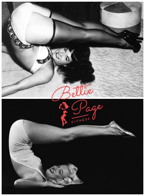 Pinup Plow Pose! Bettie & Marilyn in their own variations of Halasana ~ Page photo by Irving Klaw; Monroe photo by Ed Cronenweth