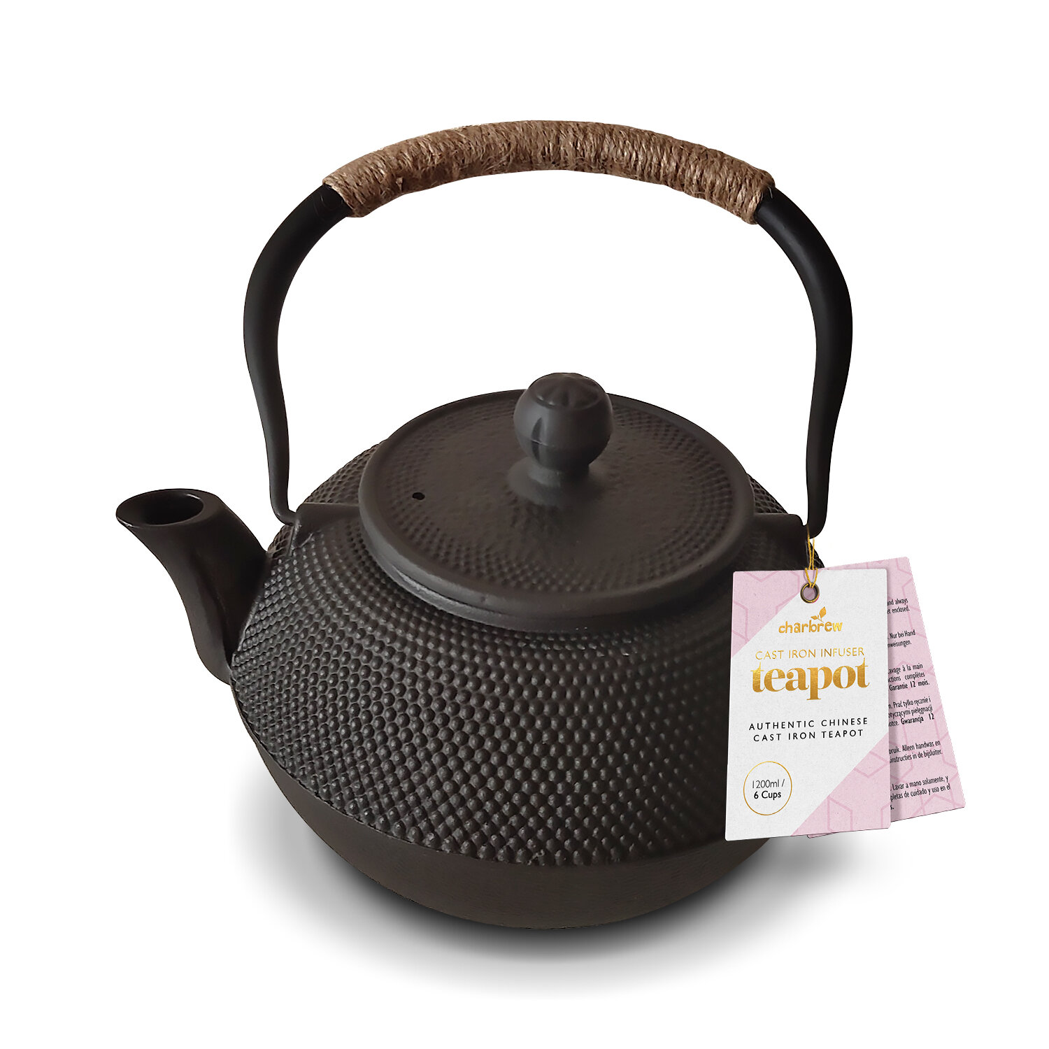 Classic Black Cast Iron Teapot by Charbrew 1200ml Tea Pot Kettle 