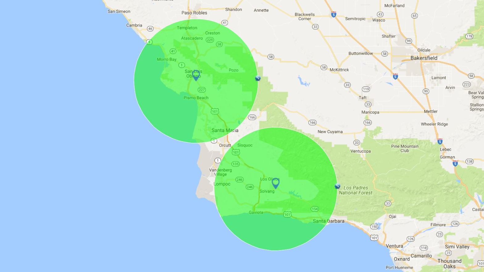 The green circles denote the areas covered by the sight seeing flights out of San Luis Obispo and Santa Ynez.