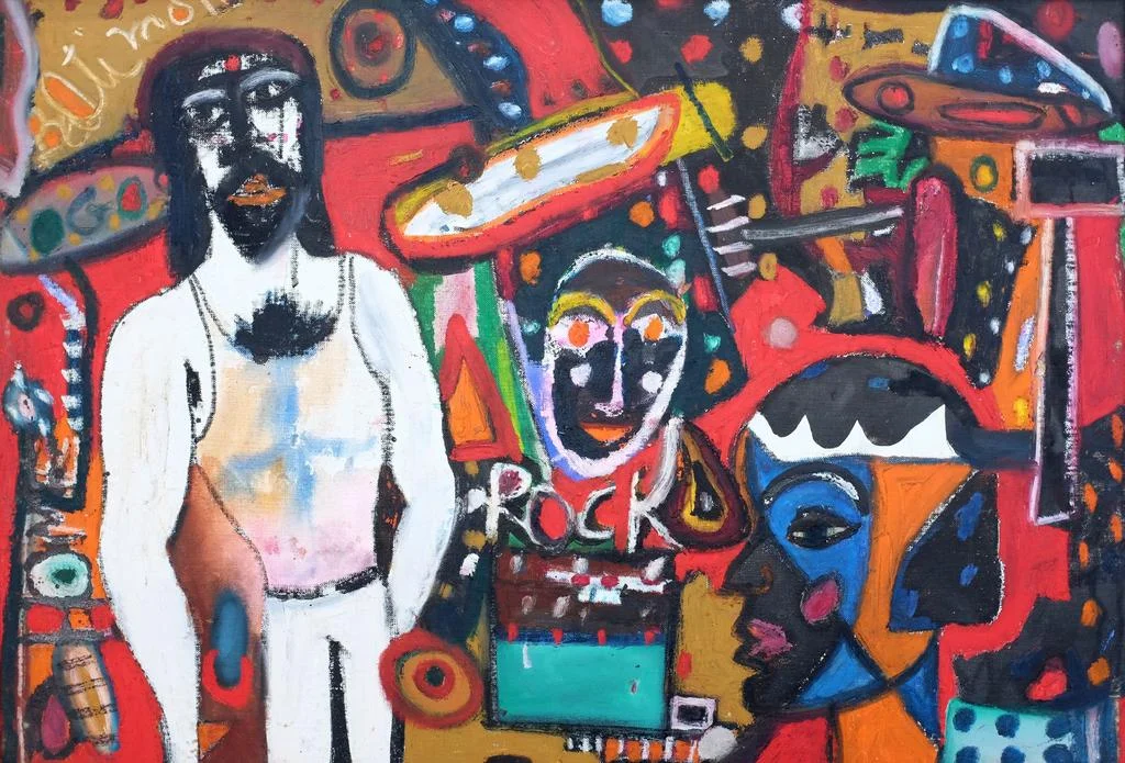 Mask and White Figure, c. 1975 mixed media on canvas board 24 x 36 inches (60.96 x 91.44 cm)