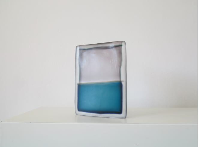  Laura de Santillana  Tokyo-Ga (Violet Grey - Blue Green) , 2018 hand blown compressed shaped glass 11 3/8 x 8 5/8 x 1 5/8 inches (29 x 22 x 4.3 cm) 