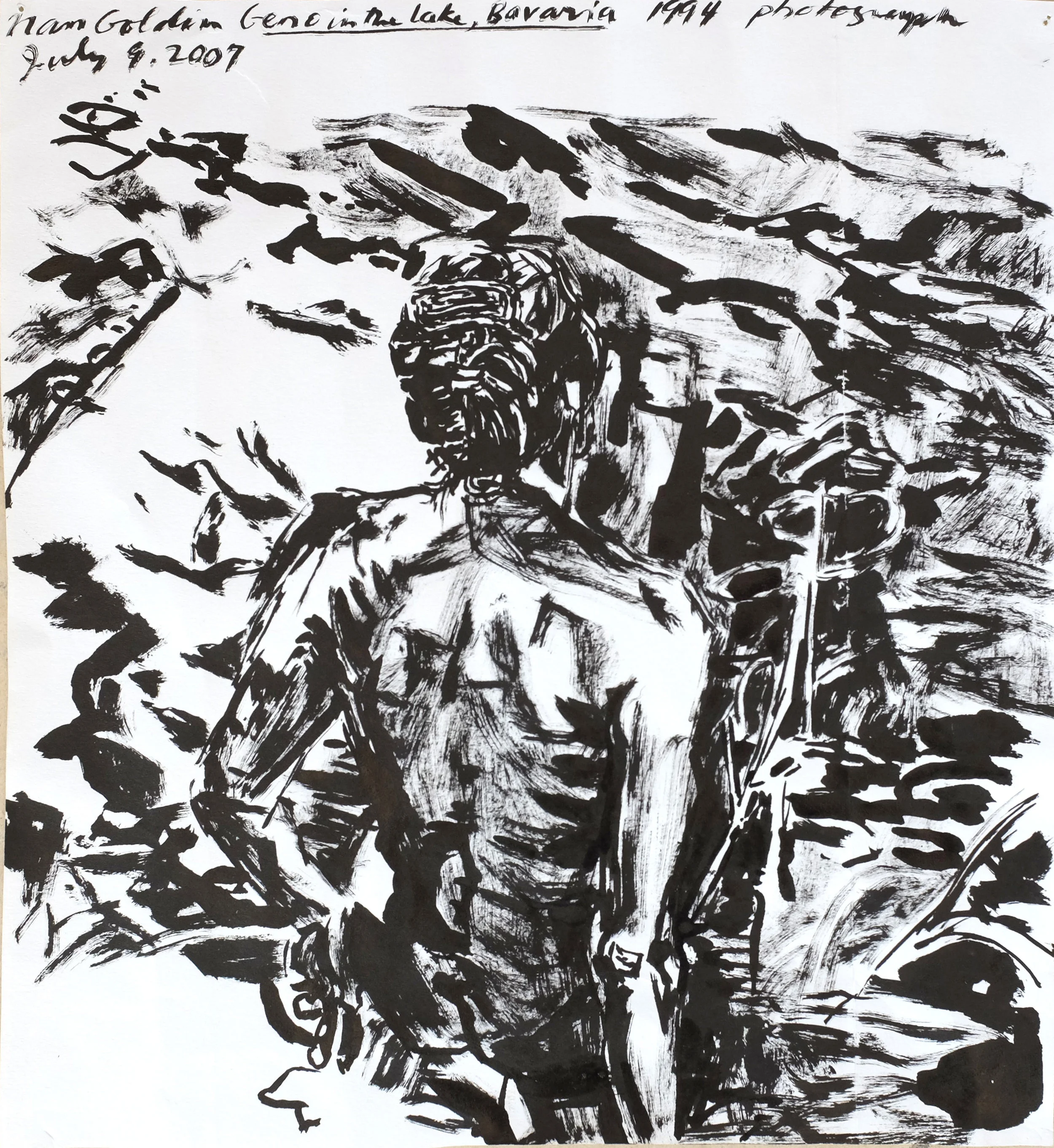 Untitled (Nan Golden Geno in the Lake, Bavaria, 1994 Photograph) , 2007 Sumi ink on paper 10 x 9 1/2 inches (25.4 x 24.13 cm)
