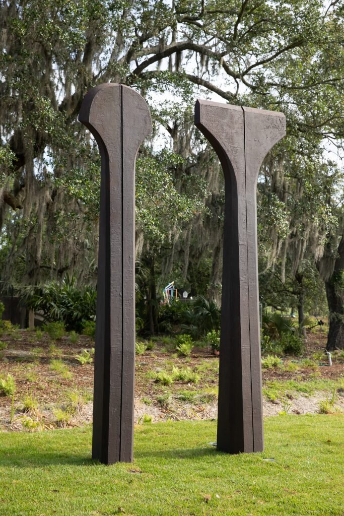  Beverly Pepper   Split Ritual II,  1996 two cast ductile iron columns Height: 168 inches (427 cm)  New Orleans Museum of Art 
