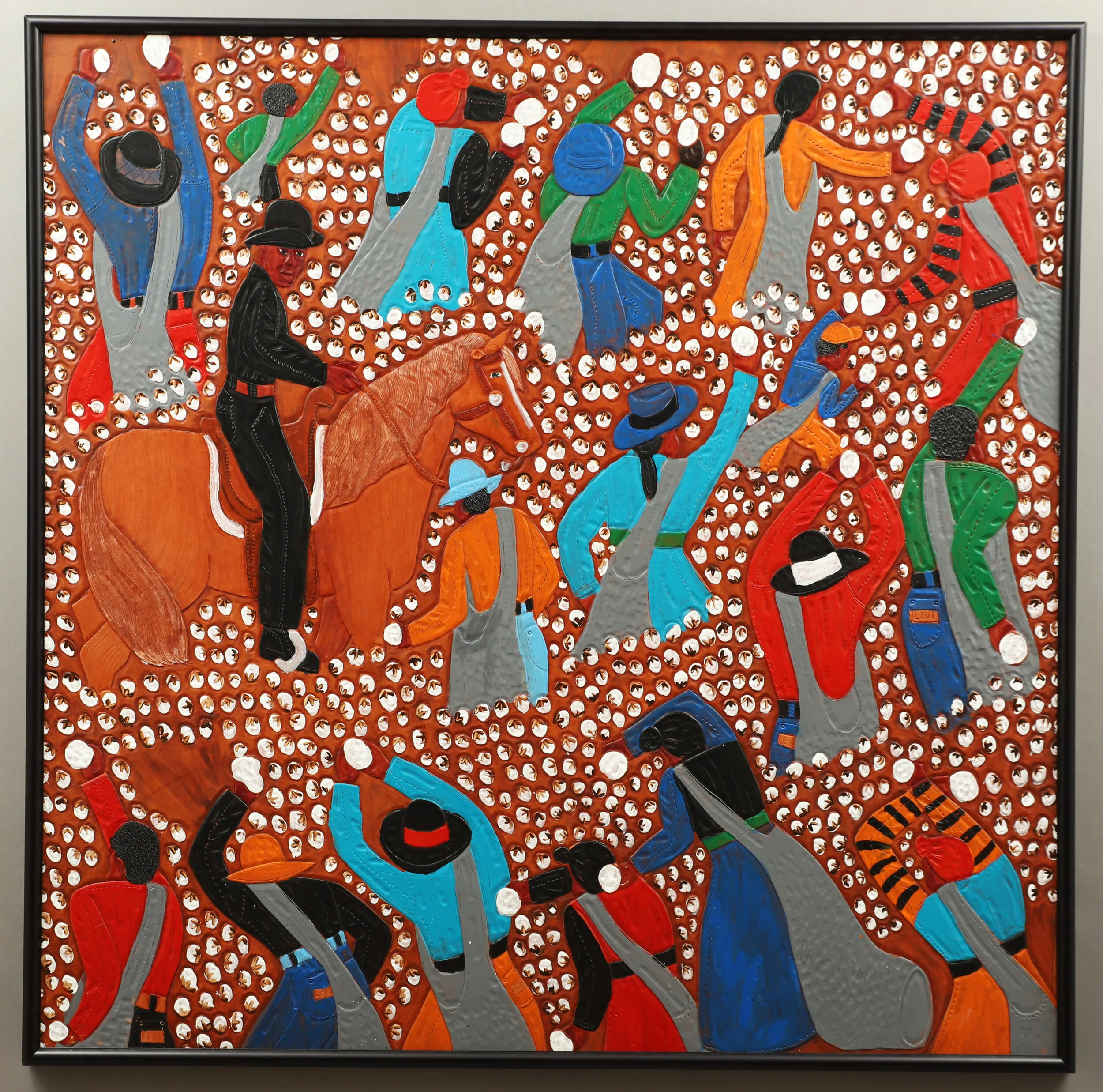   Overseer in Cotton Field , 2004 dye on carved and tooled leather 34 1/2 x 34 3/4 inches  Sold 