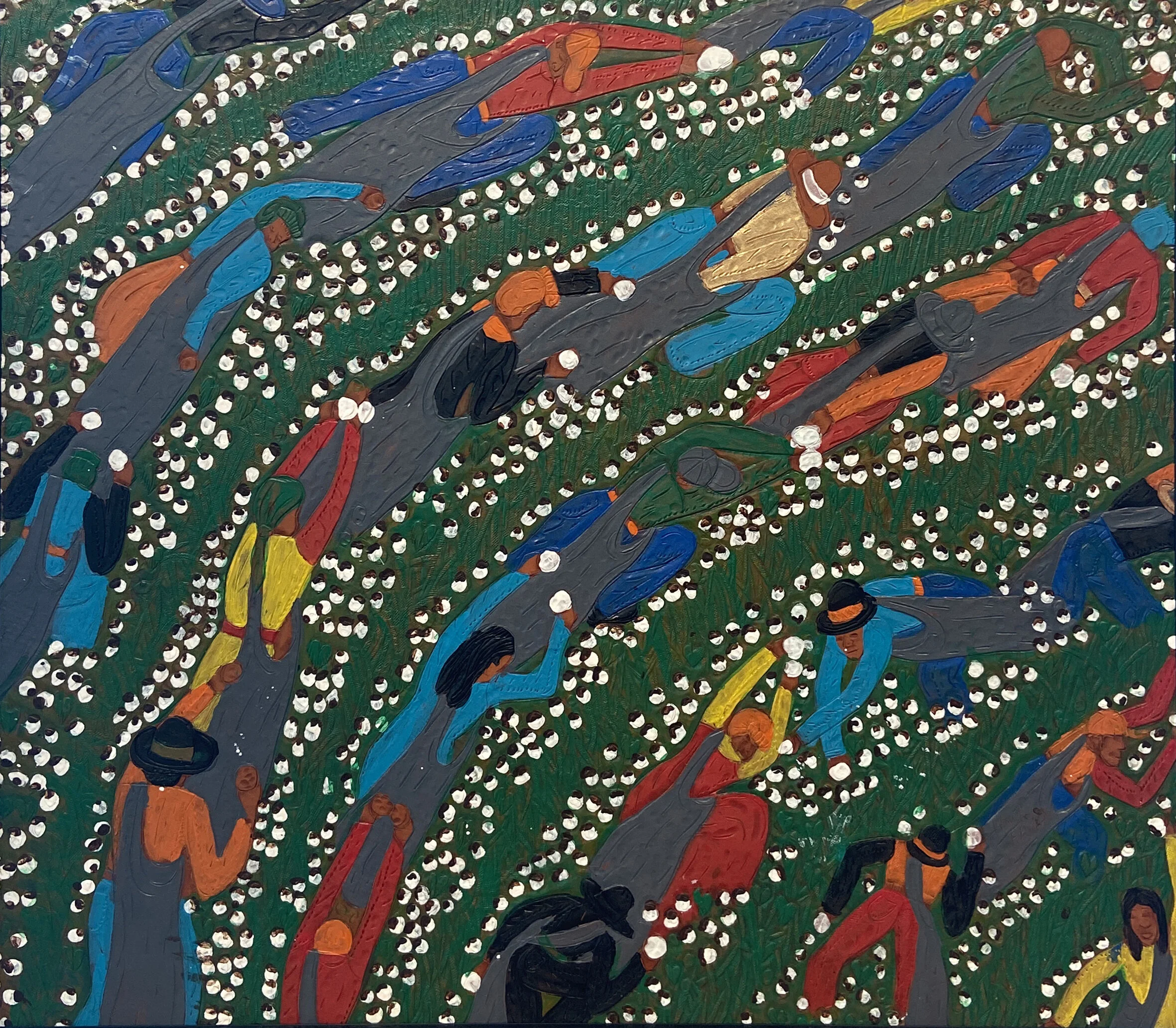   Rows to the Right , 2012 dye on carved and tooled leather 25 1/2 x 29 inches  Sold 