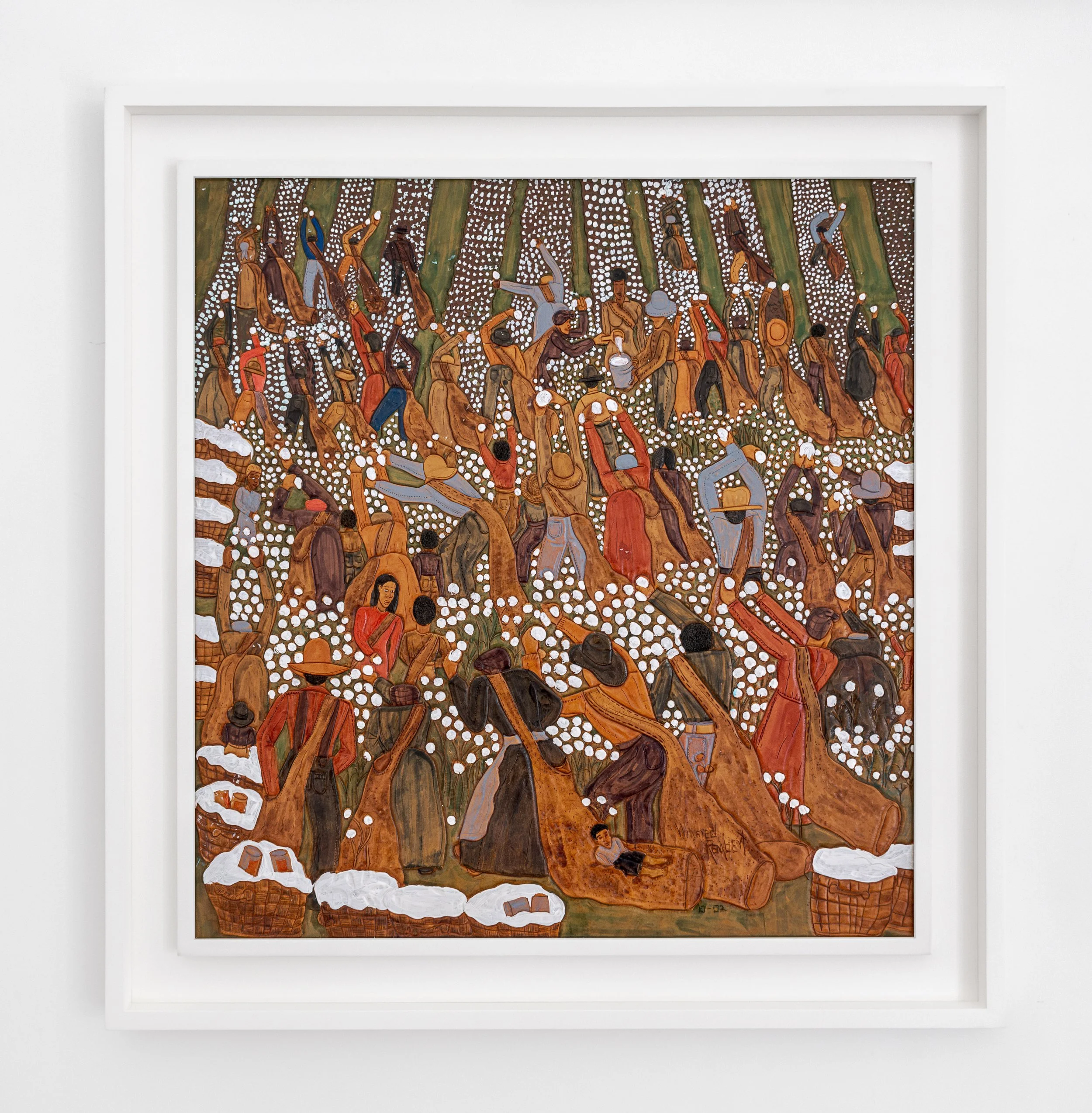   On Mama’s Cotton Sack , 2002 dye on carved and tooled leather 32 1/4 x 30 1/2 inches (79.4 x 77.5 cm) 