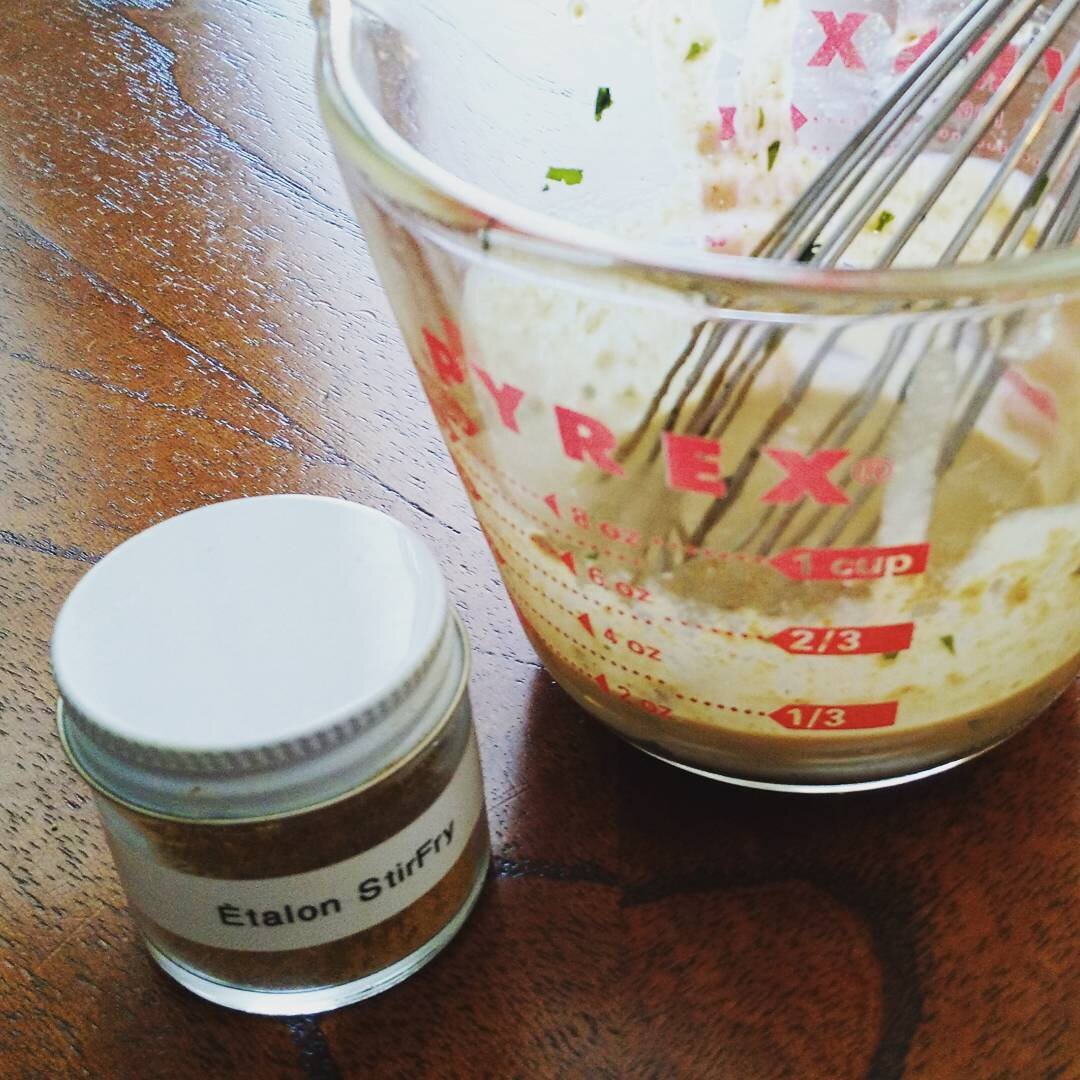New Recipe Under Development - Our Thai-inspired &Eacute;talon Creamy Dressing. Ingredients include: Louisiana cane vinegar, Tamari, &Eacute;talon StirFry Spice Blend, shallot, curry paste, mayonnaise, ...and olive oil.

#food #salad #saladdressing #