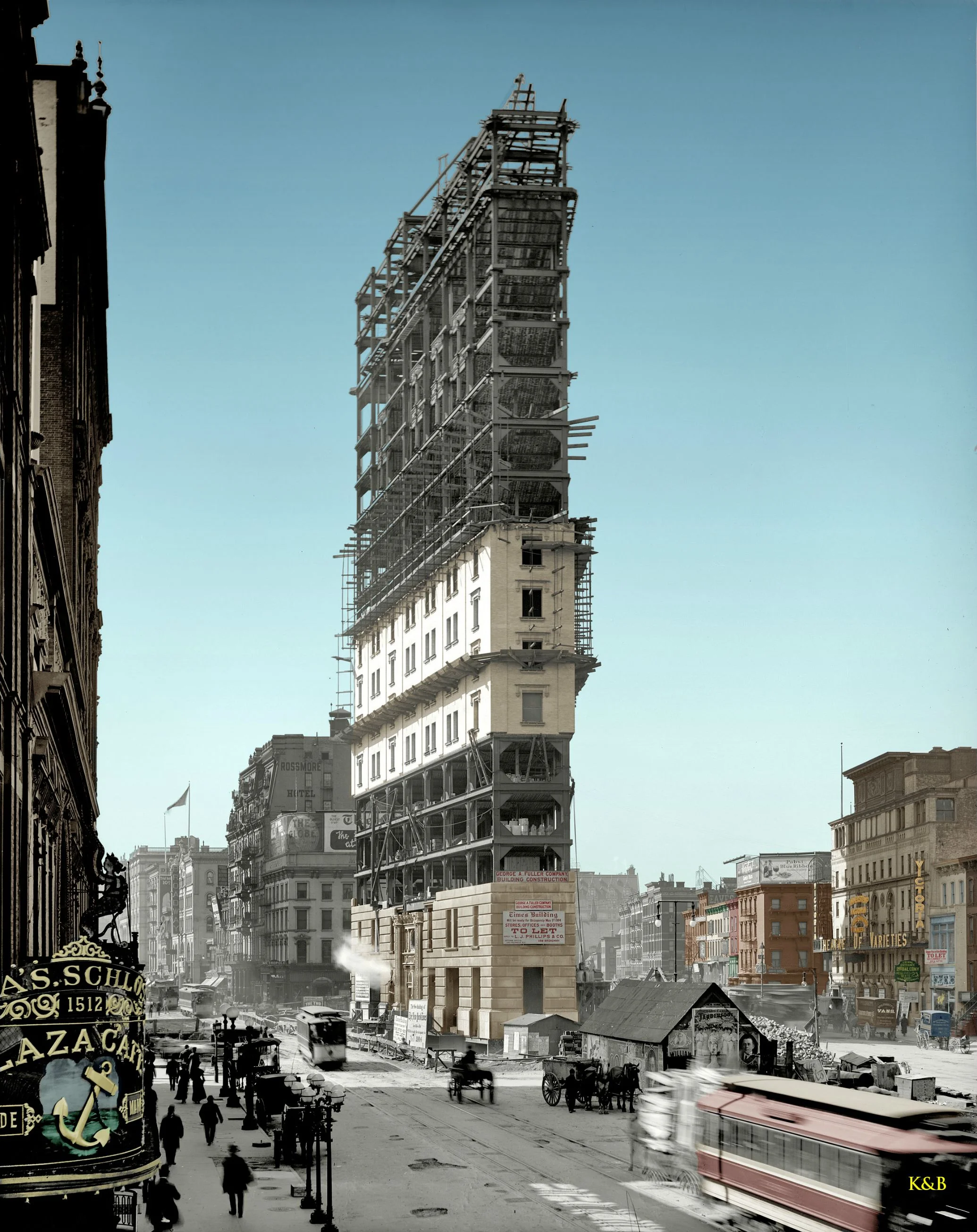 You're looking south here where Broadway and 7th Avenue intersect. On top of this building today is the famous Ball that is dropped on New Year's Eve. We call it Times Square now because of this building - the original New York Times building! Before this, it was called Longacre Square.