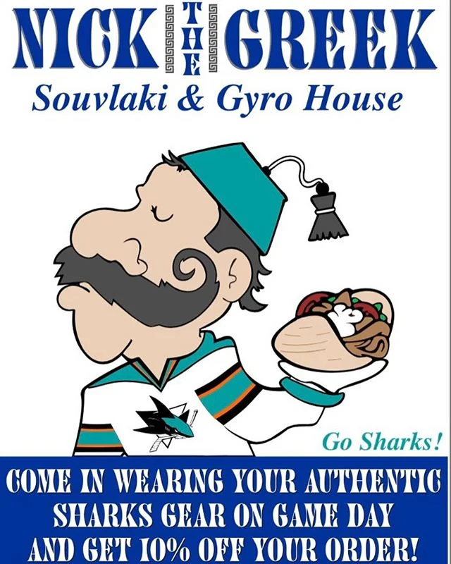 Opening game for the San Jose Sharks. Come in before or after the game with Sharks gear a receive 10% off .... this offer is only for our downtown location... GO SHARKS!!!!! #sanjosesharks #nickthegreek #downtownsanjose #sharksgame #sharkie #gyros #sanjose #sjsharksfan