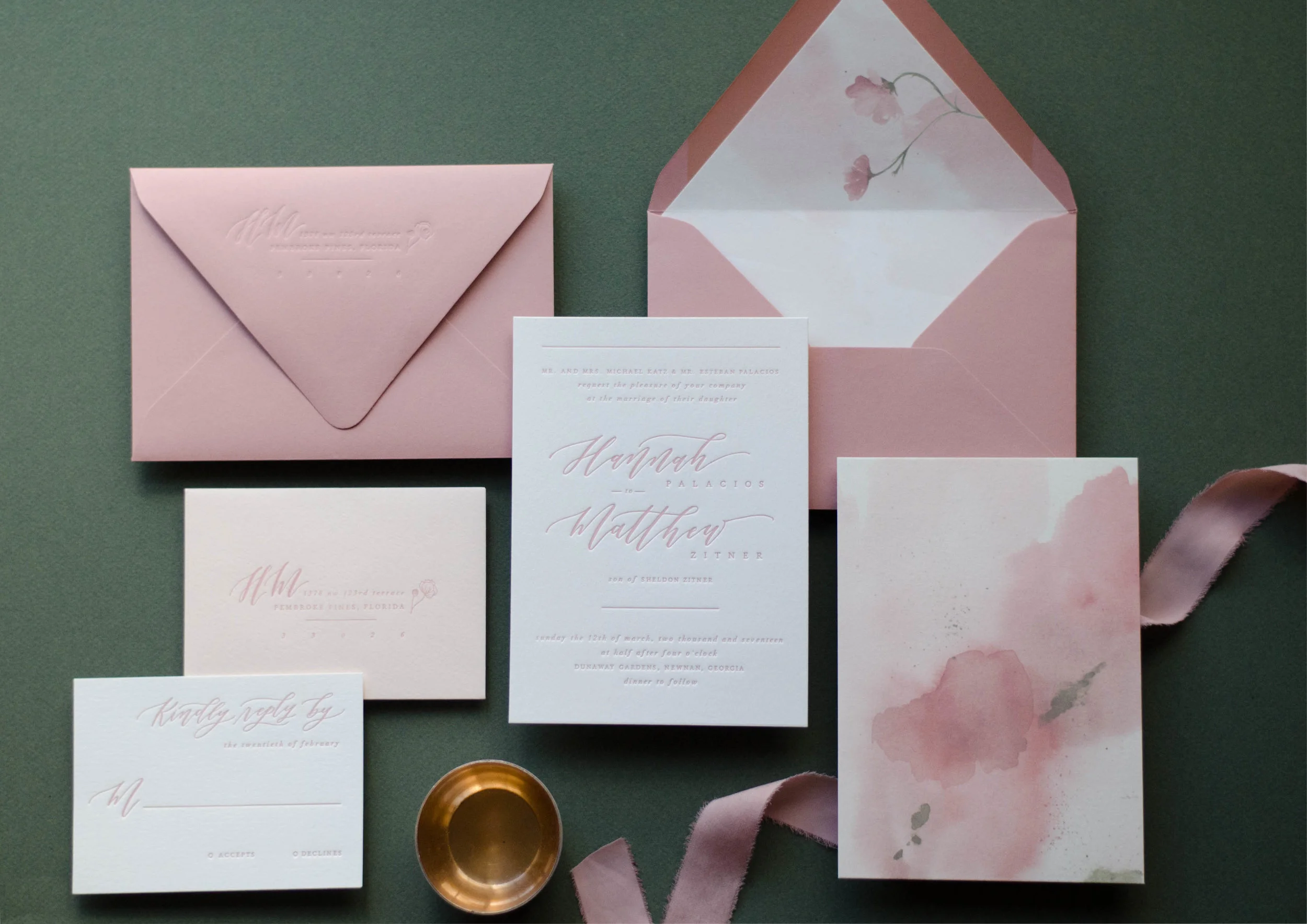 Dusty Rose Letterpress and Watercolor Invitations