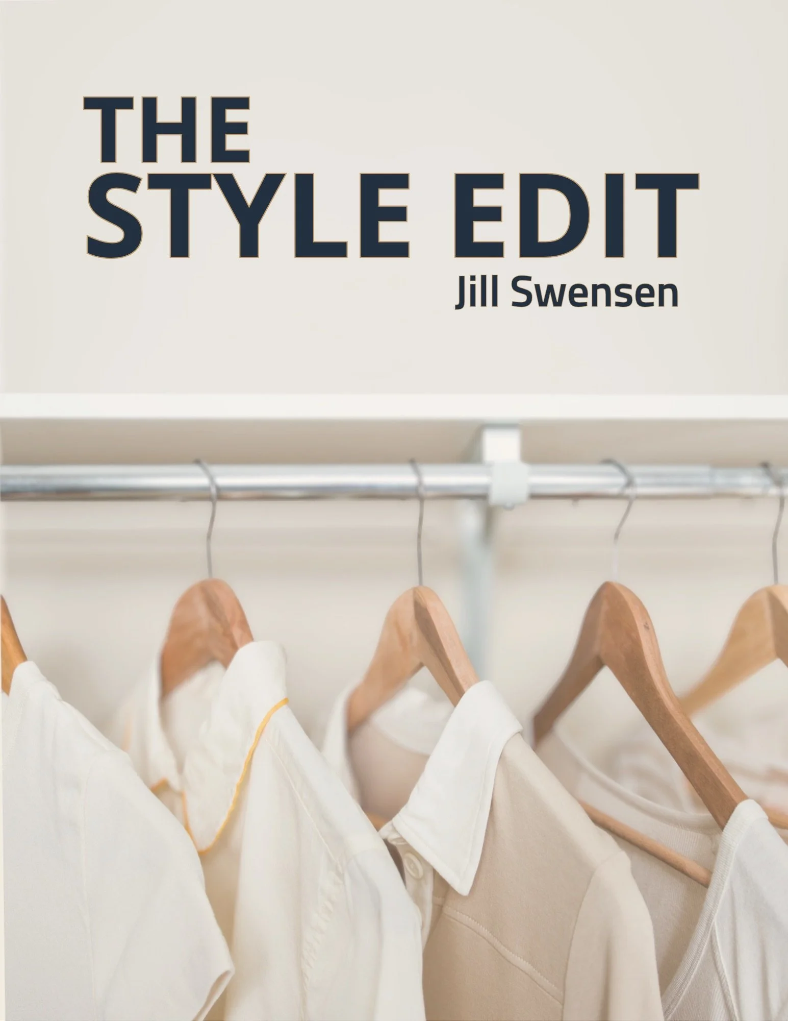 The Style Edit workbook cover by Jill Swensen, with white and cream shirts on hangers