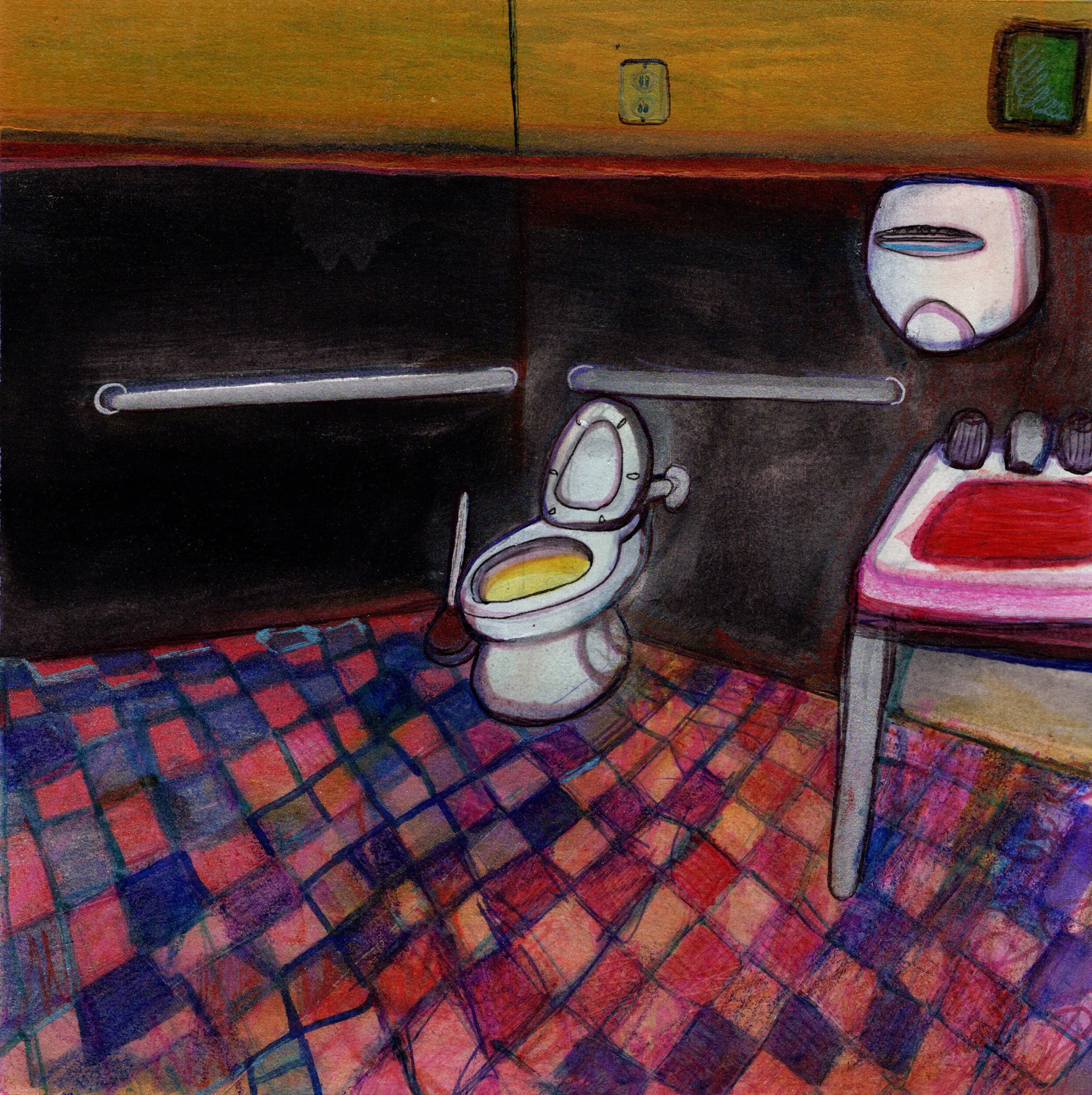  interior of bathroom of a dive bar 