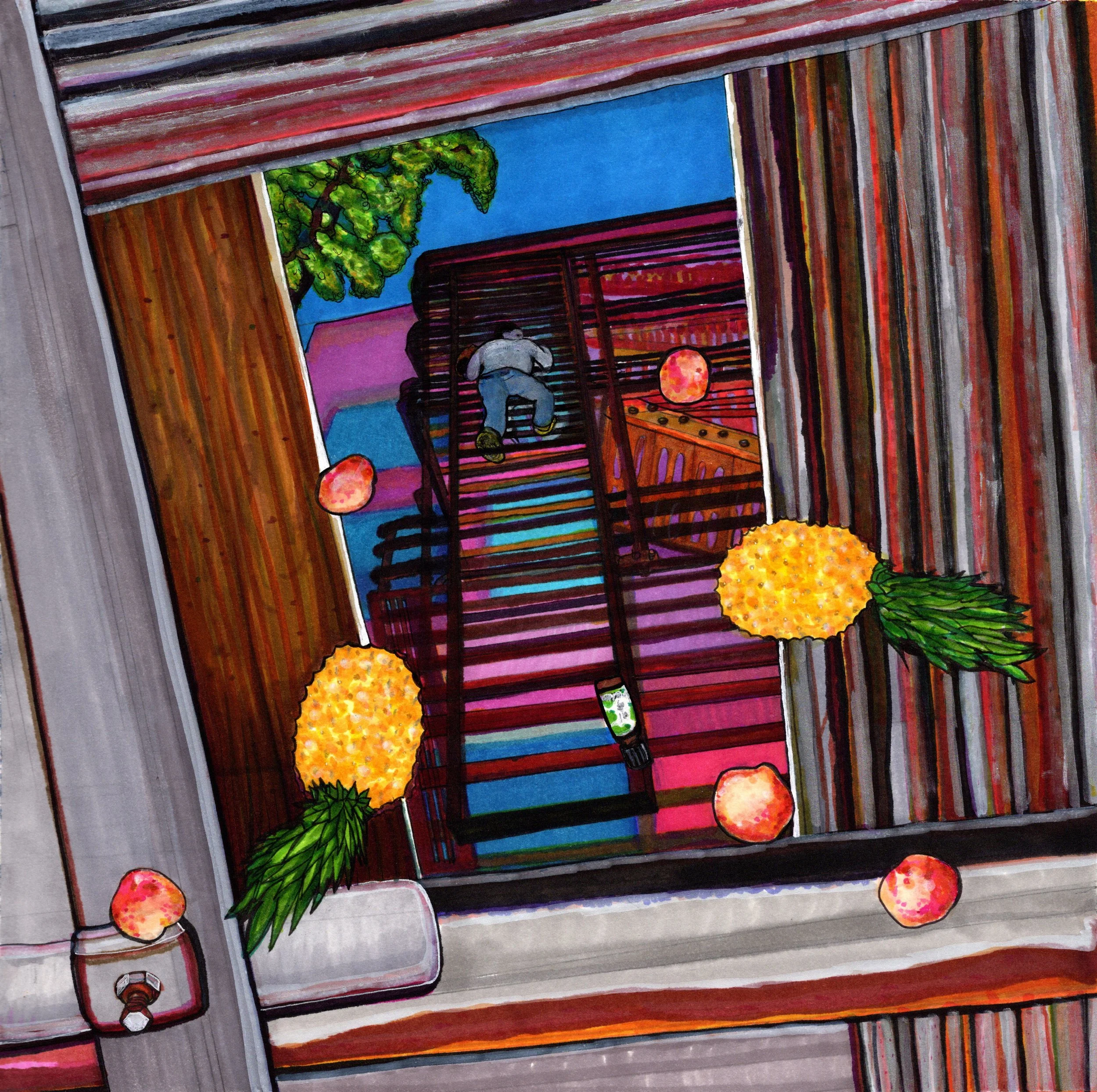  “Oil of Oregano, Peaches, Pineapple’"  ink on arches paper  12.25” x 12.25”  2022  Joe Paulk © 