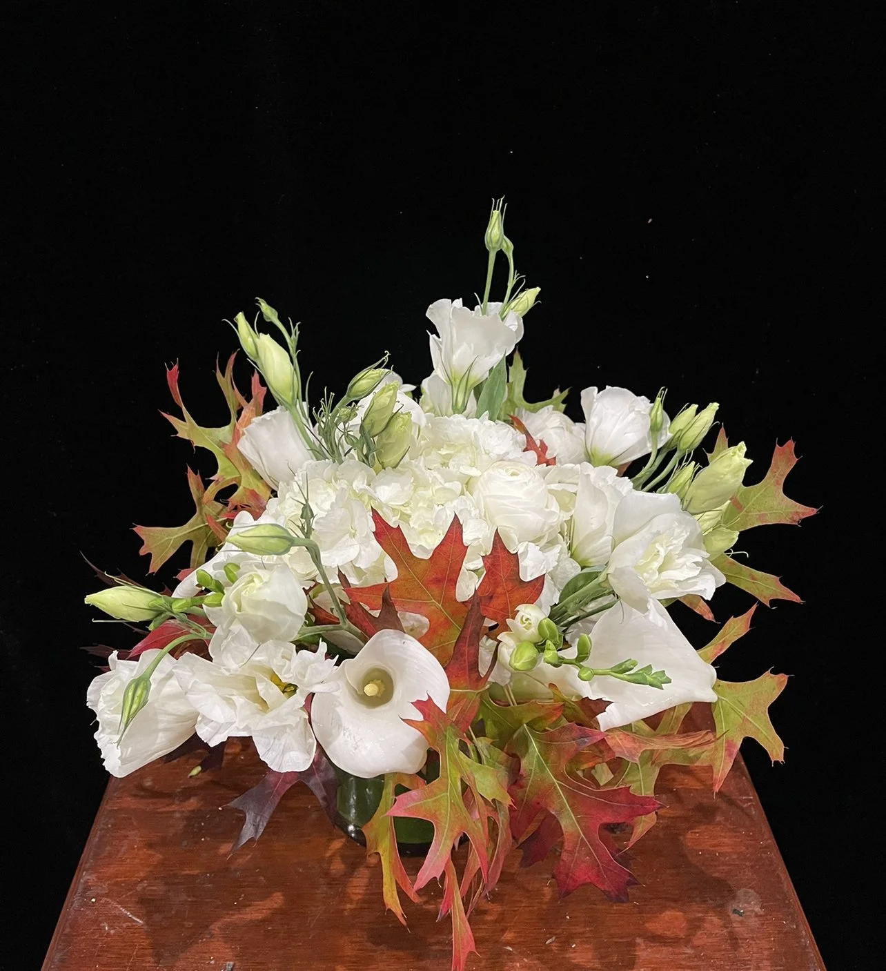 fall- white calla - white lisianthus-freesia-hydrangeas- oak.jpg