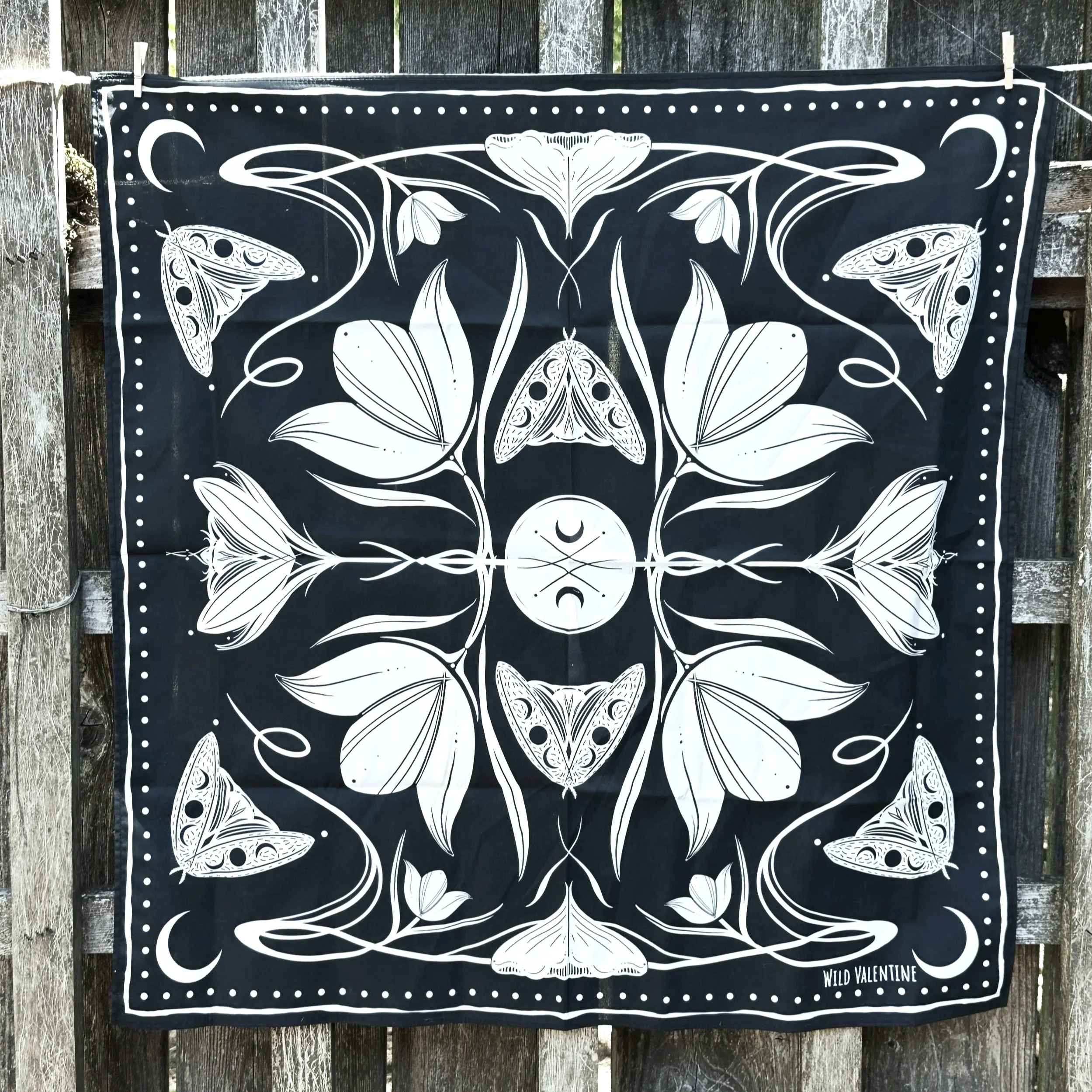 Stylized lunar flowers, moths and moons black and white bandana