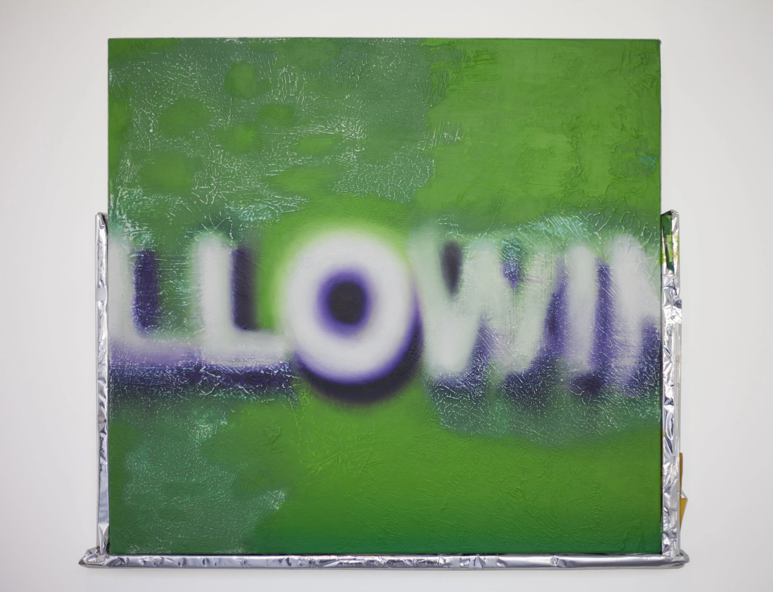 Trailer Painting Oil and acrylic on canvas with wood and used food wrappers 26 x 32 inches 2015