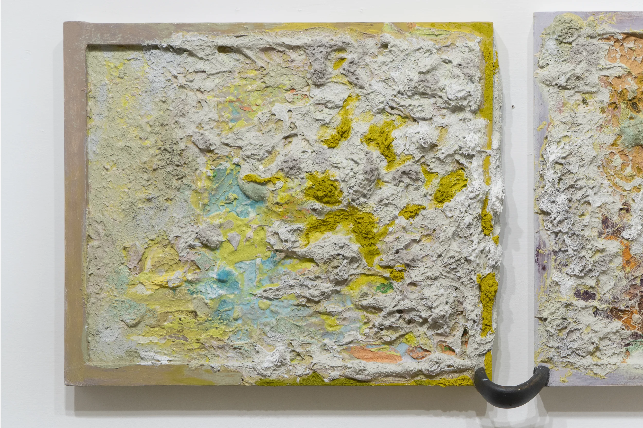 Christian Brothers Acrylic on panel with steel-toe cut from work boots, epoxy 20 x 44 x 4 inches 2018
