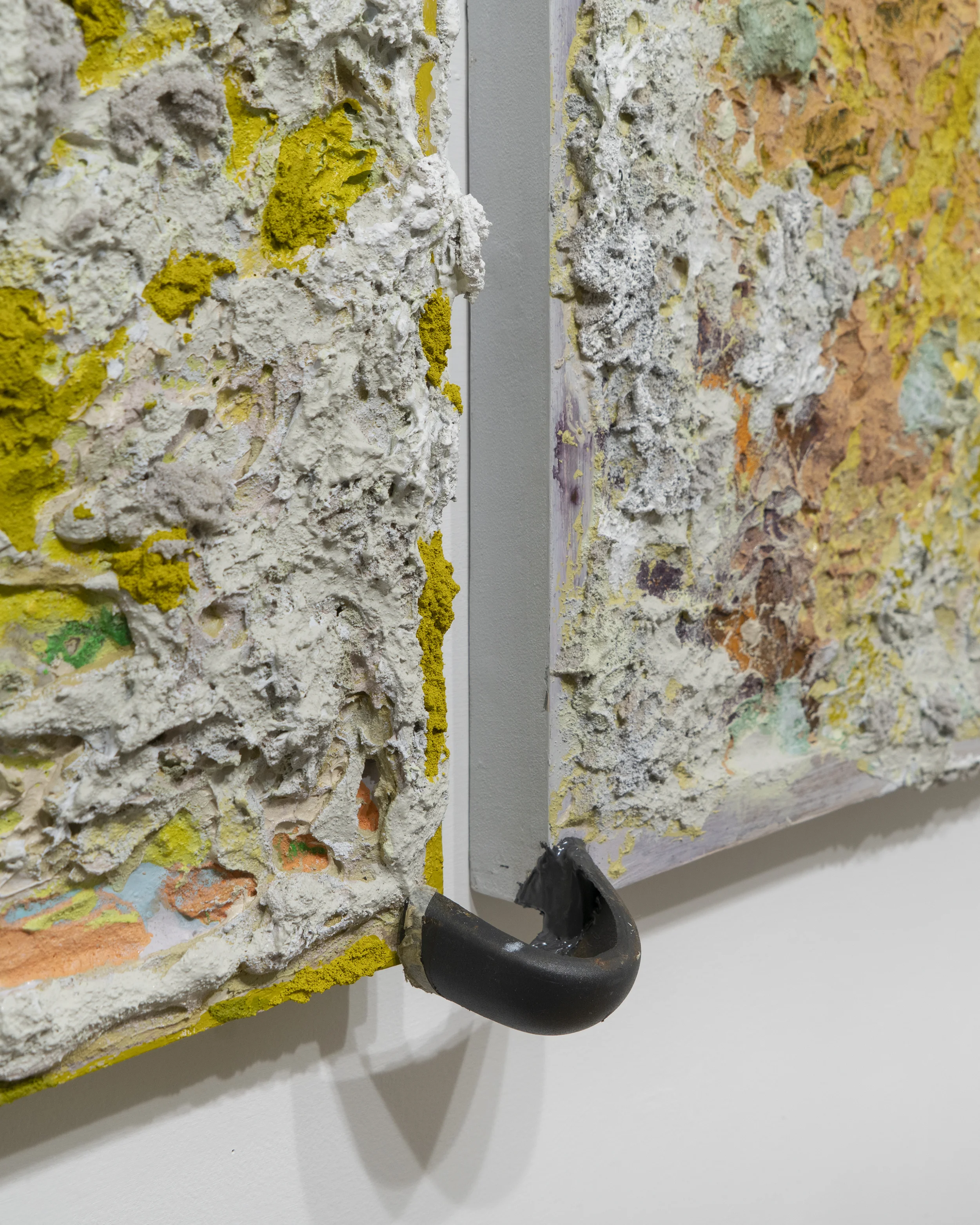 Christian Brothers Acrylic on panel with steel-toe cut from work boots, epoxy 20 x 44 x 4 inches 2018