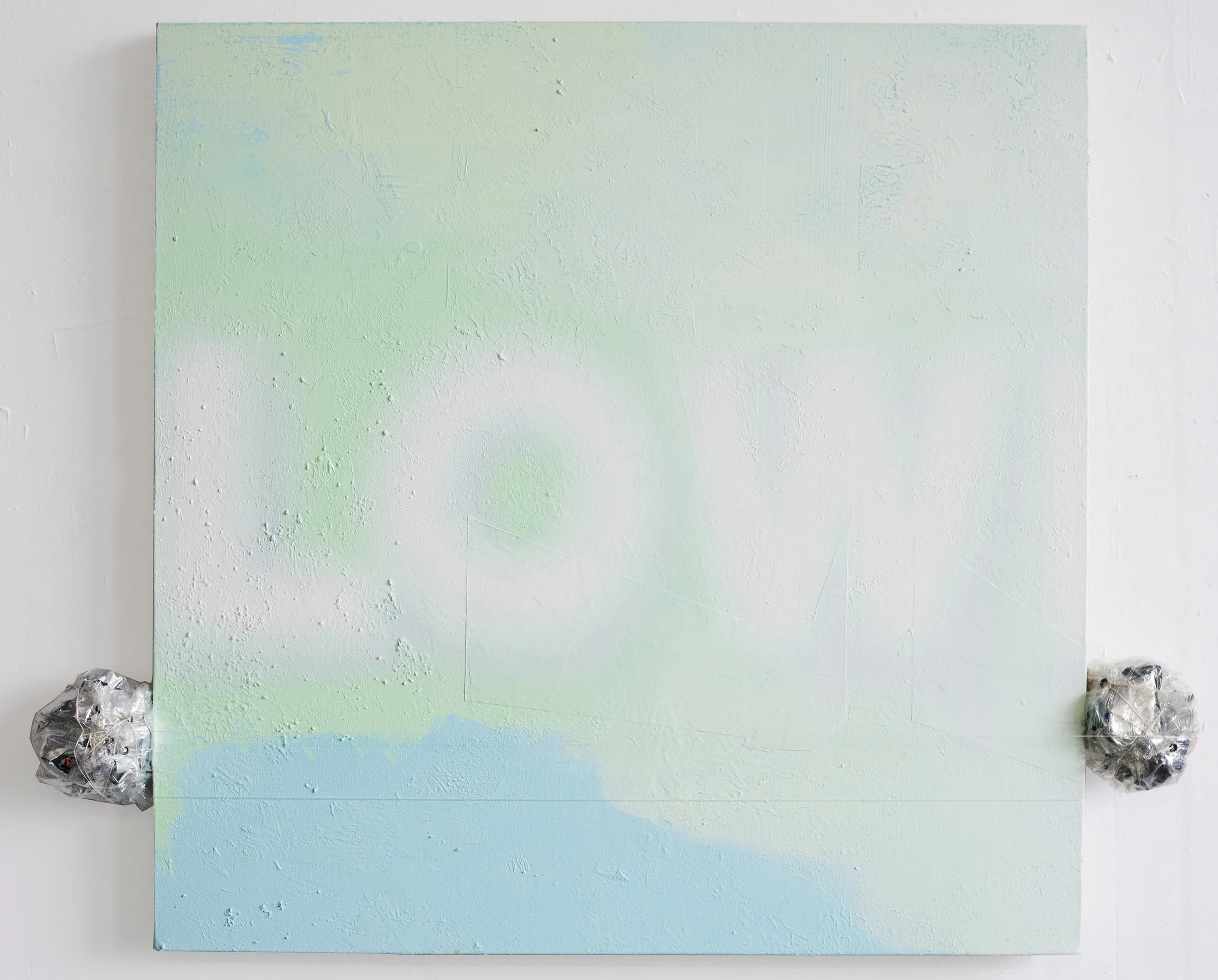 Low II Oil on canvas with used food wrappers, monofilament, and nylon 40 x 45 inches 2016