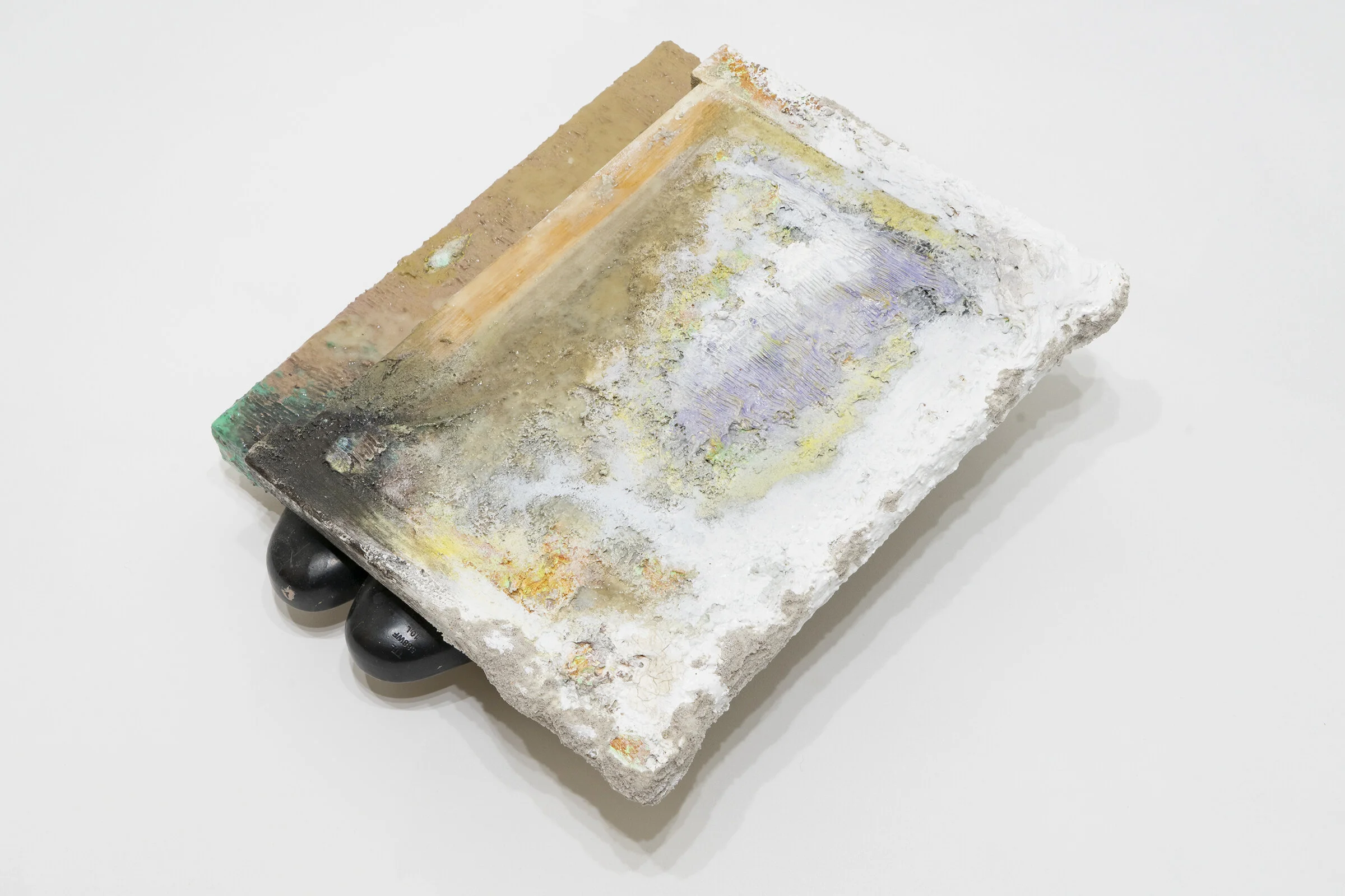 Chthonic Acrylic, stand oil, wax, wood and linen with epoxy resin and steel-toes cut from work boots 9 x 18 x 18 inches (painting sits on floor) 2019