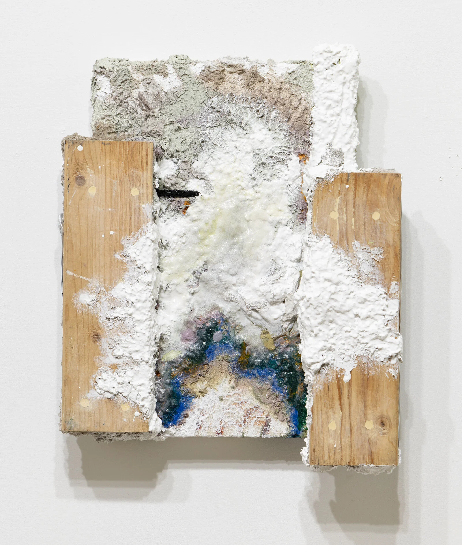 Minus K Acrylic, pine, putty, drywall dust, melted food wrappers on canvas 18 x 14 x4 inches 2019