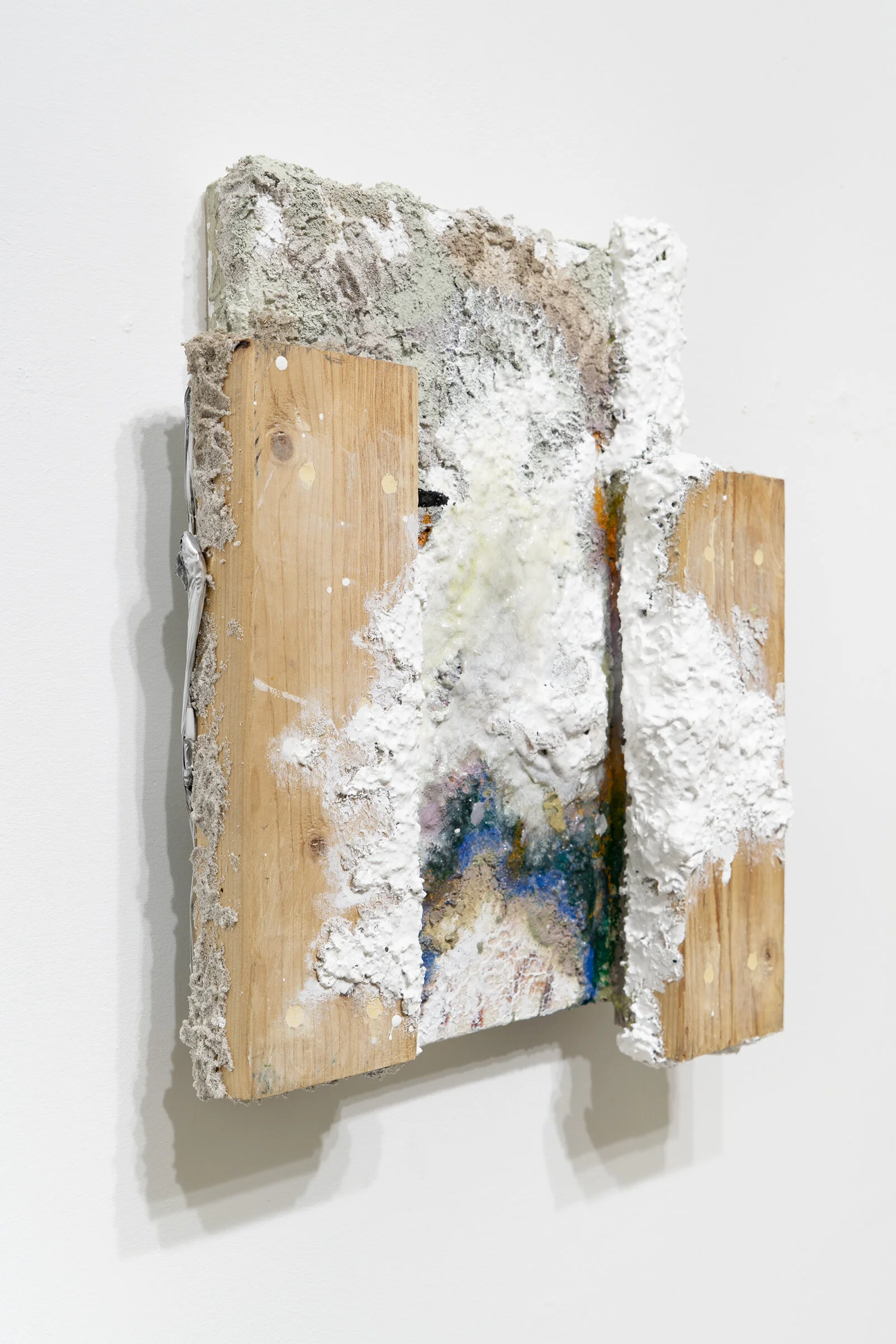 Minus K Acrylic, pine, putty, drywall dust, melted food wrappers on canvas 18 x 14 x4 inches 2019