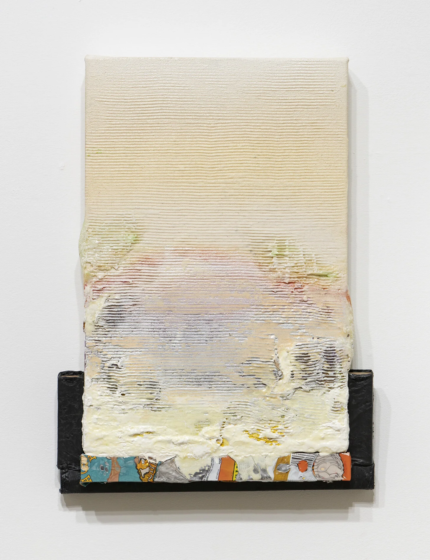 Slug Acrylic, wax, stand oil on canvas with wood, melted junk food wrappers, and melted trash bags 17 x 3 x 2 inches 2019