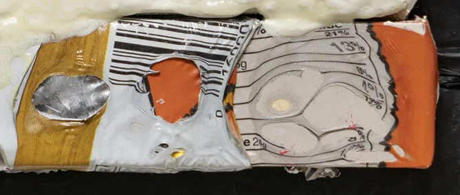 Slug Acrylic, wax, stand oil on canvas with wood, melted junk food wrappers, and melted trash bags 17 x 3 x 2 inches 2019