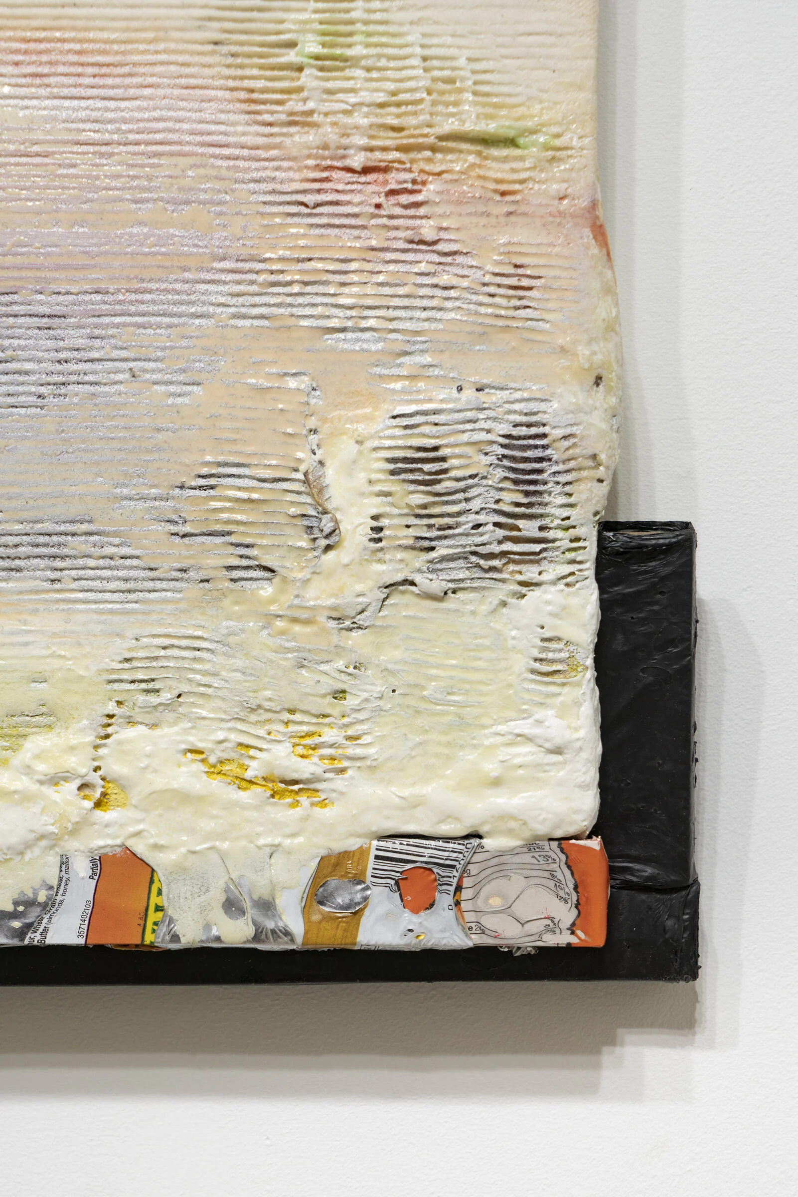 Slug Acrylic, wax, stand oil on canvas with wood, melted junk food wrappers, and melted trash bags 17 x 3 x 2 inches 2019