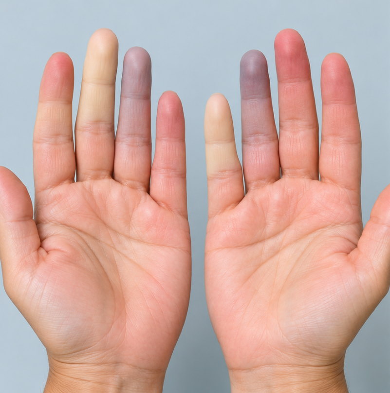 Medical photograph demonstrating Raynaud’s phenomenon, showing a person's hands with distinct color changes in the fingers, including pale white and deep blue-purple discoloration.