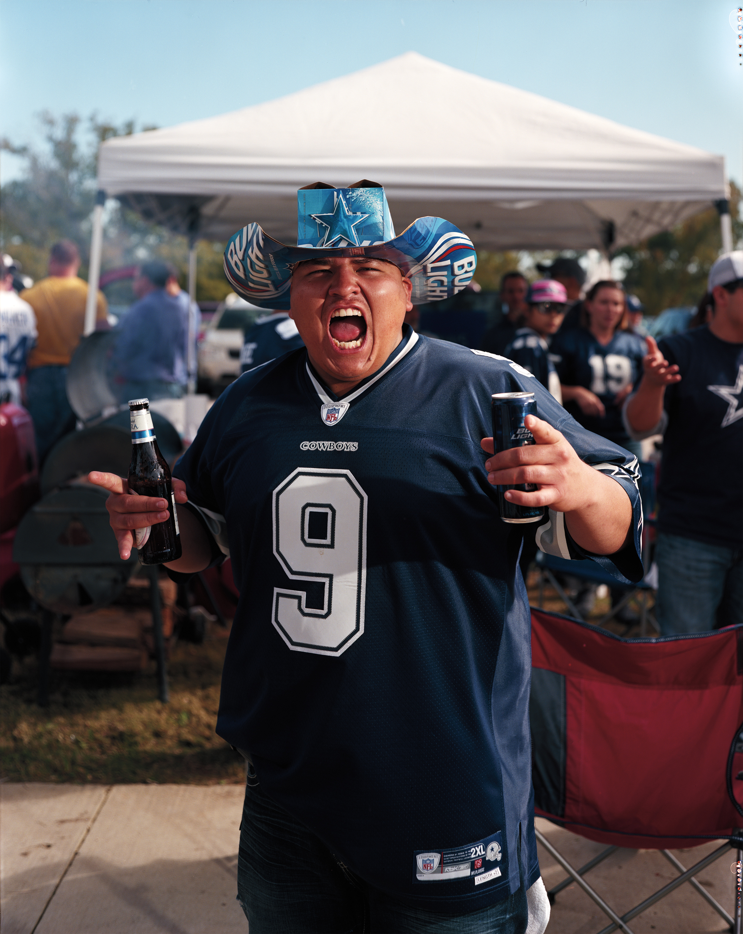 A Dallas Cowboys fan gets pumped up for the Oct. 13, 2013 game as he tailgates outside of AT&T Stadium in Arlington before the team takes on the Washington Redskins.