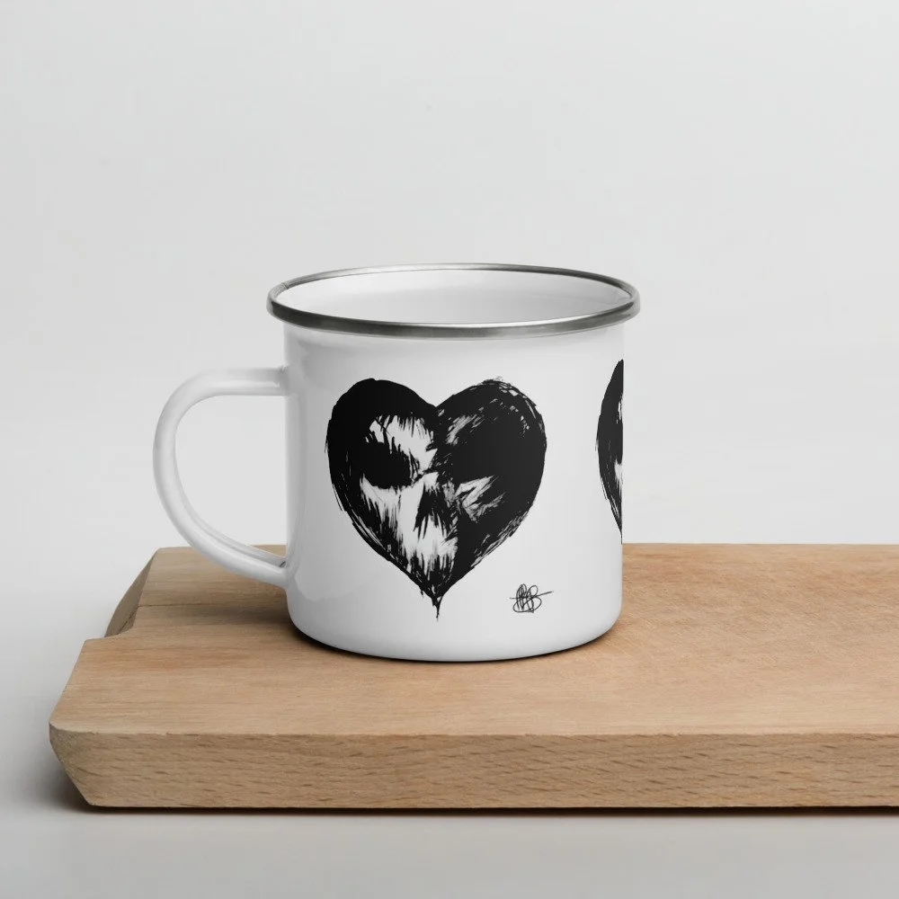 Heart Skull Enamel Coffee Mug, Coffee Mug Gifts, Artwork by Jeffery Page Long Beach