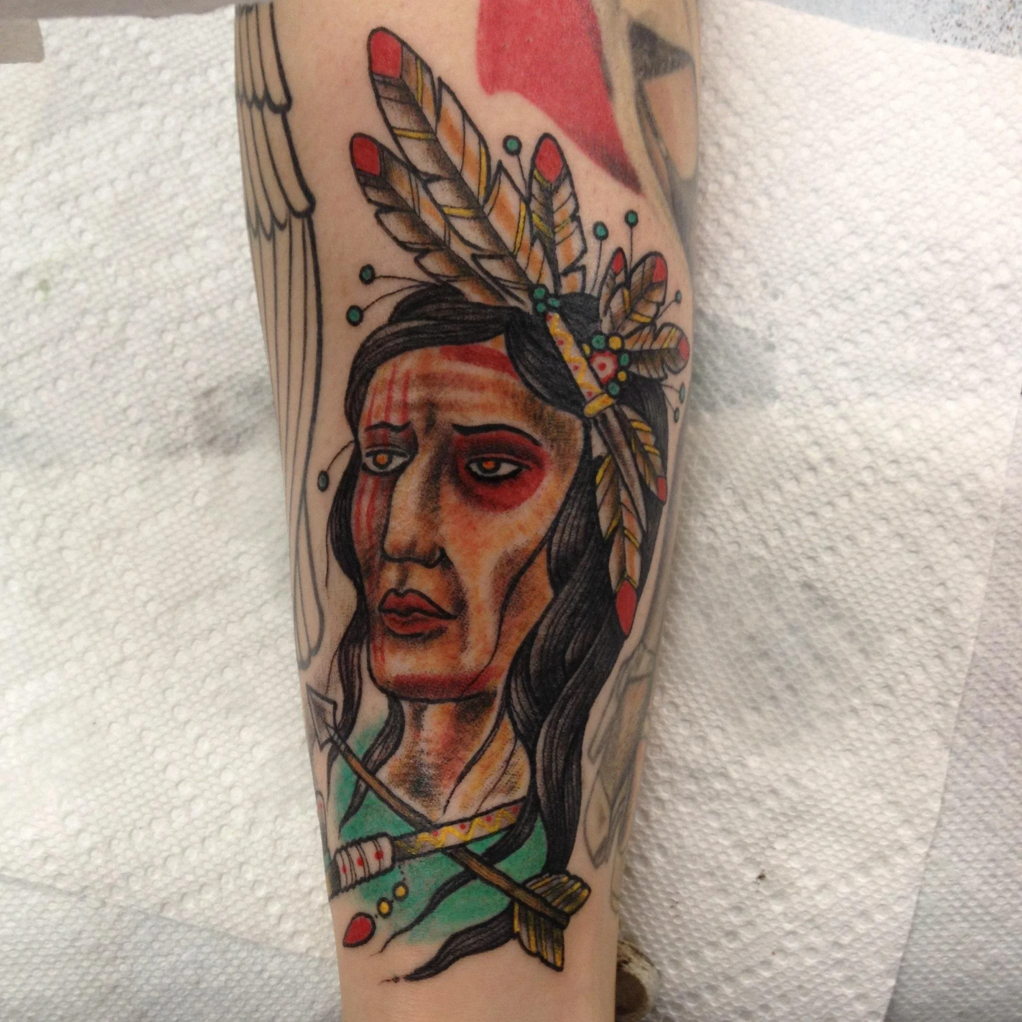 Native american Freehand Tattoo on model Kristen Leanne by Jeffery Page done at Will Rise Tattoo in the Fairfax  Studio Los Angeles, CA