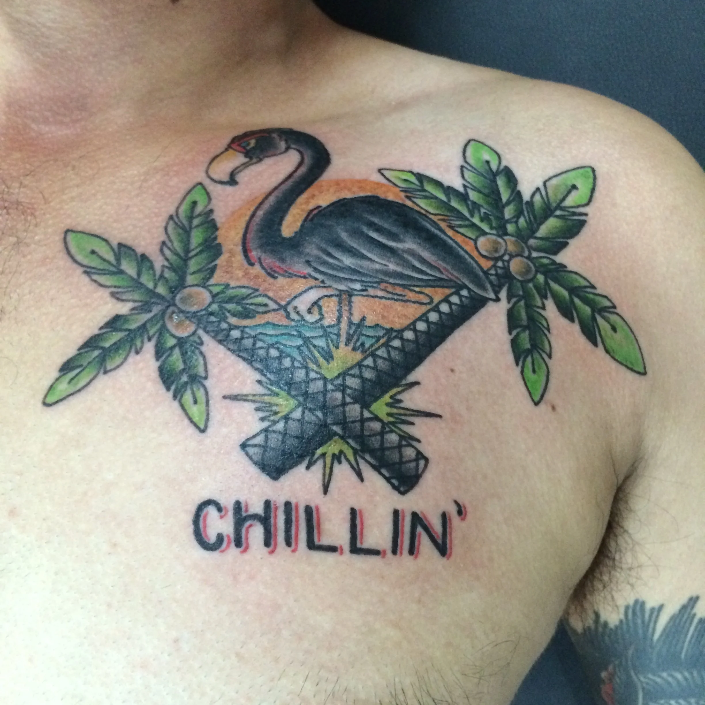 Jeffery Page Get AWay Tattoo Flamingo Chillin Palm Tree