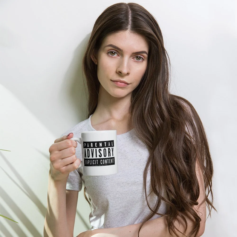 Parental Advisory Explicit Content Coffee Mug supporting Morning Coffee Projects for Los Angeles Artist Jeffery Page and Friends