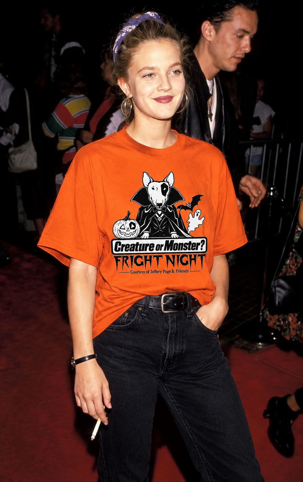 Drew Barry more goes back in time to wear Jeffery Page Creature or Monster? Spud Fright Night Halloween Shirt