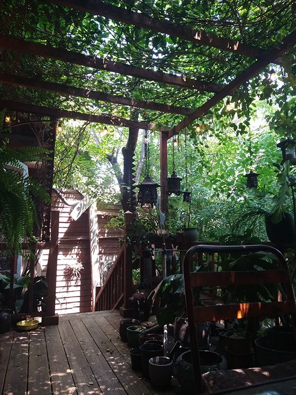 Coffee and tea on the porch at legendary LA punk photographer Ed Colver's Highland Park home — morning ritual documented by Jeffery Page