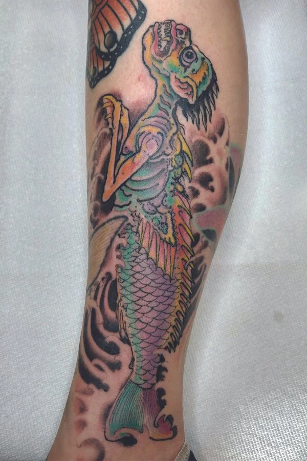 Fiji Mermaid Tattoo by Avant Garde Provocateur Punk Thug Tattooer Jeffery Page of Get Away Tattoo in Long Beach a Los Angeles California Suburb