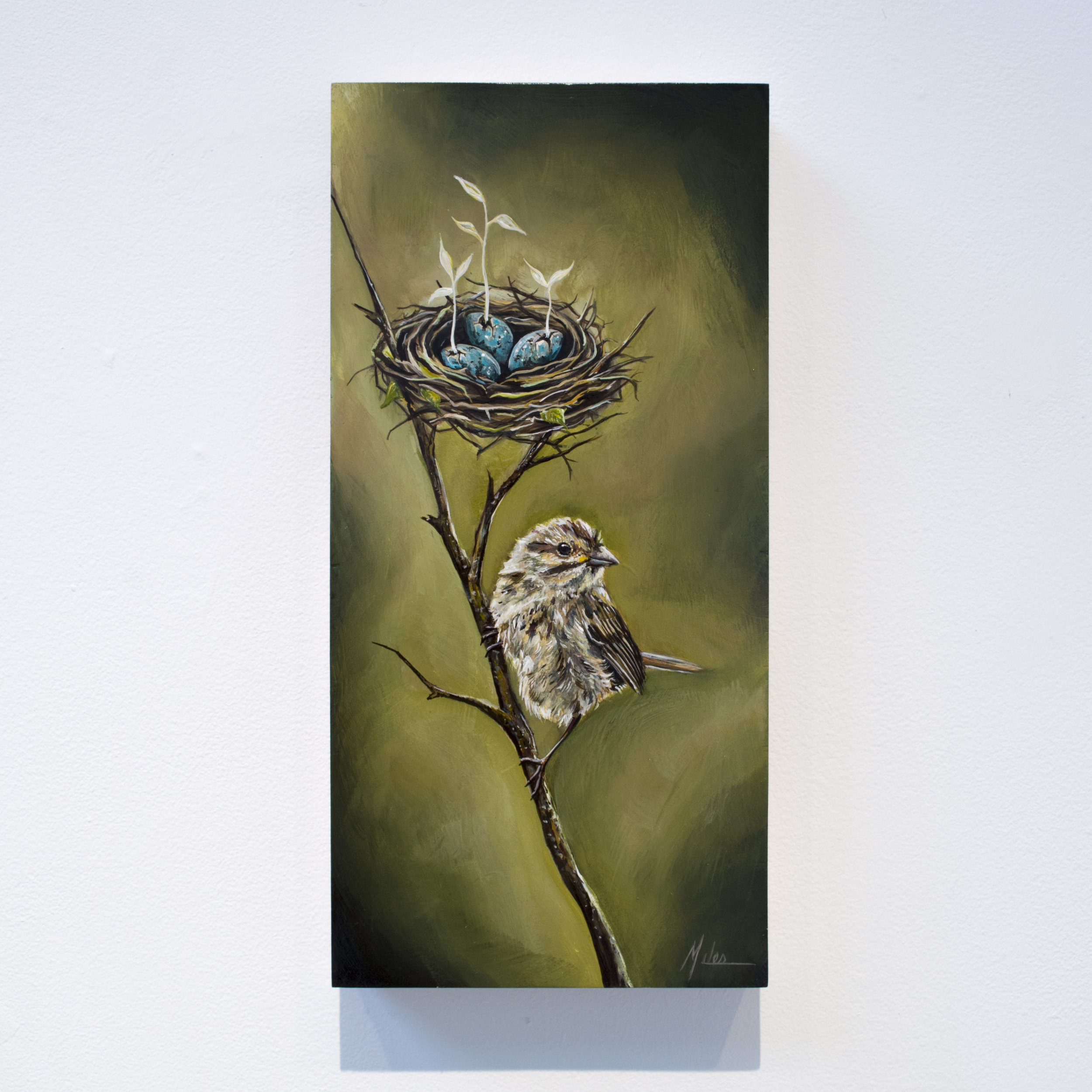  Nesting Instinct   acrylic on panel  7 ¾ ” x 16” 