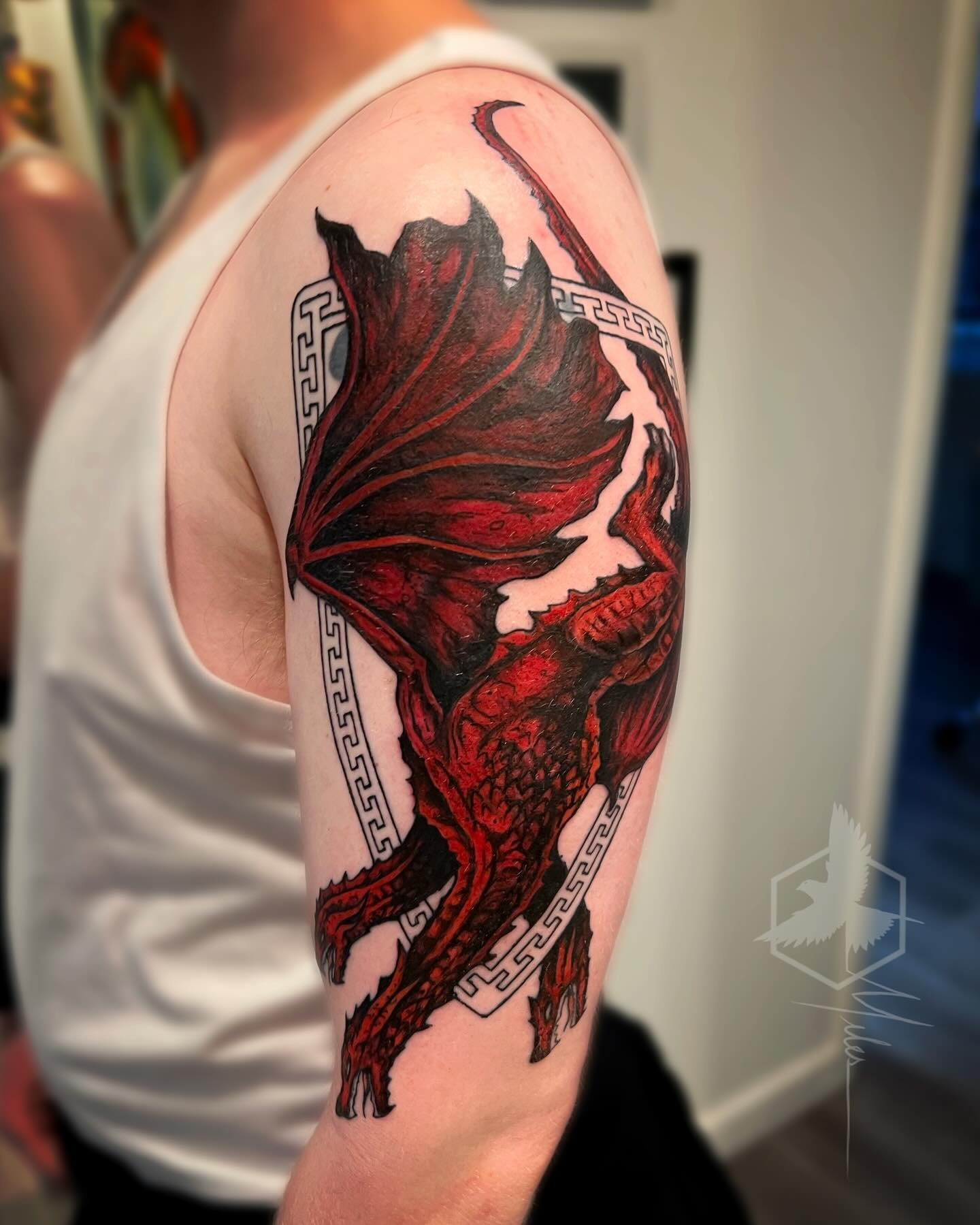 A work in progress on this sleeve starting with a cover up tattoo of the Targaryen sigil from Game Of Thrones.  Thank you for your trust Chris!