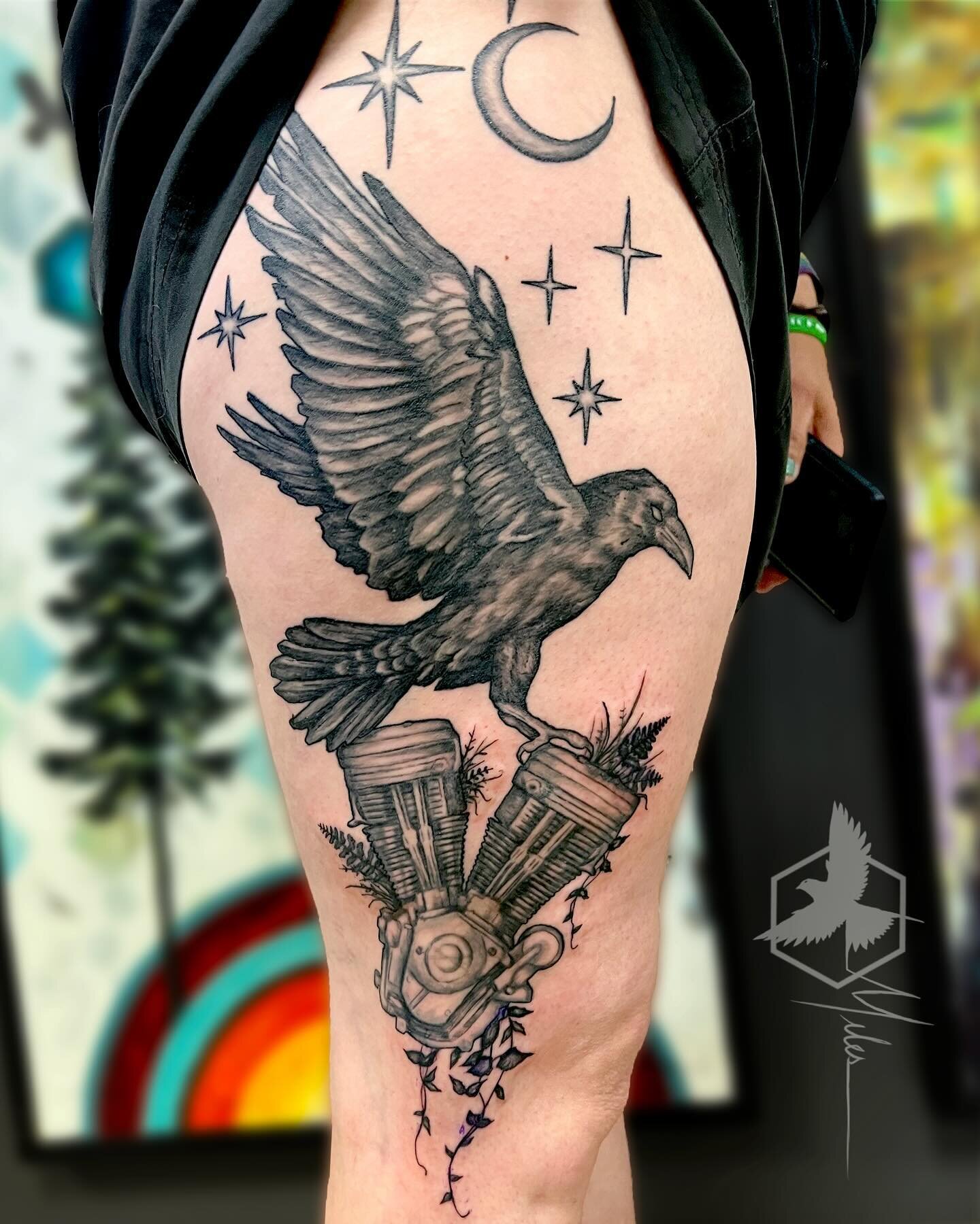 Raven with motorcycle engine on the thigh.  Thank you Kendra!